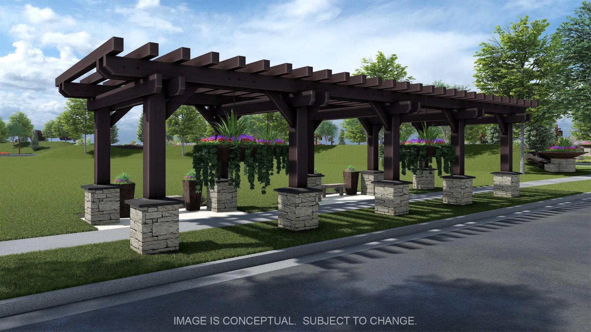 Terra View - Conceptual image of a pergola with stone pillars and wooden beams, situated in a landscaped park with green grass and trees, featuring hanging plants and flower arrangements.