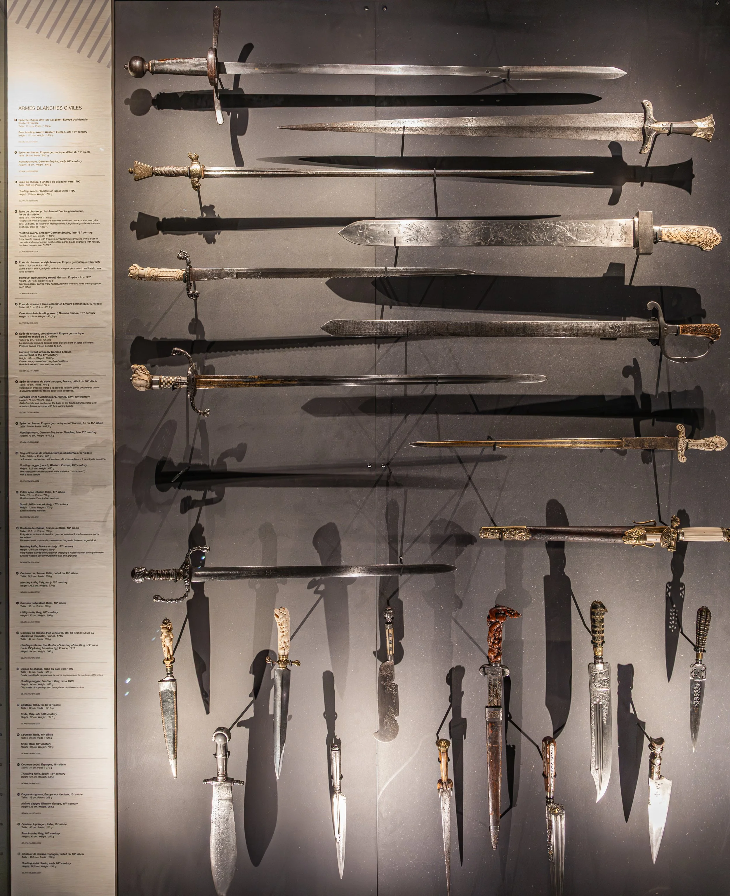 A collection of hunting swords, knives and daggers at Le Grand Curtius arms museum in Liege, Belgium.