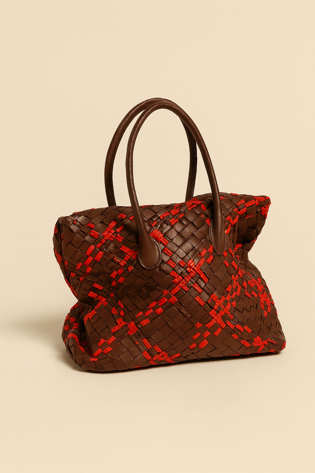 Brown and Red Woven Handbag