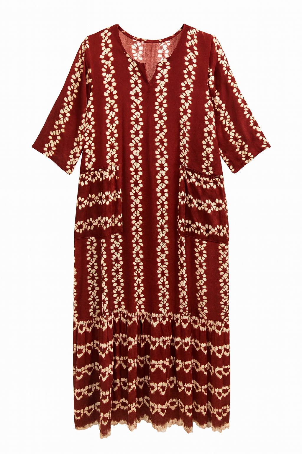 Handmade Maroon & Cream Tie-Dye Maxi Dress with Pockets