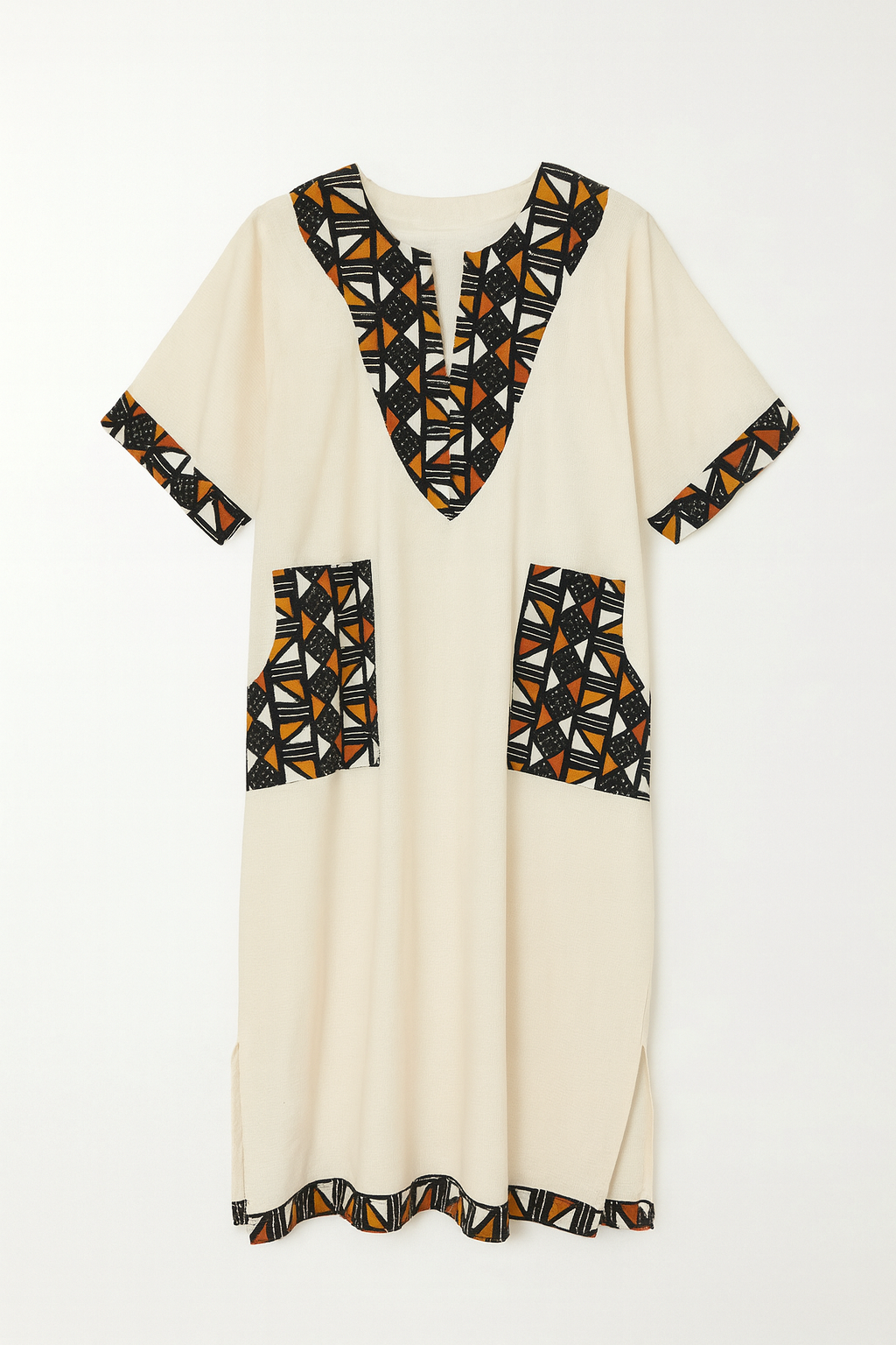 Handmade Cream African Tunic Dress with Geometric Print Accents