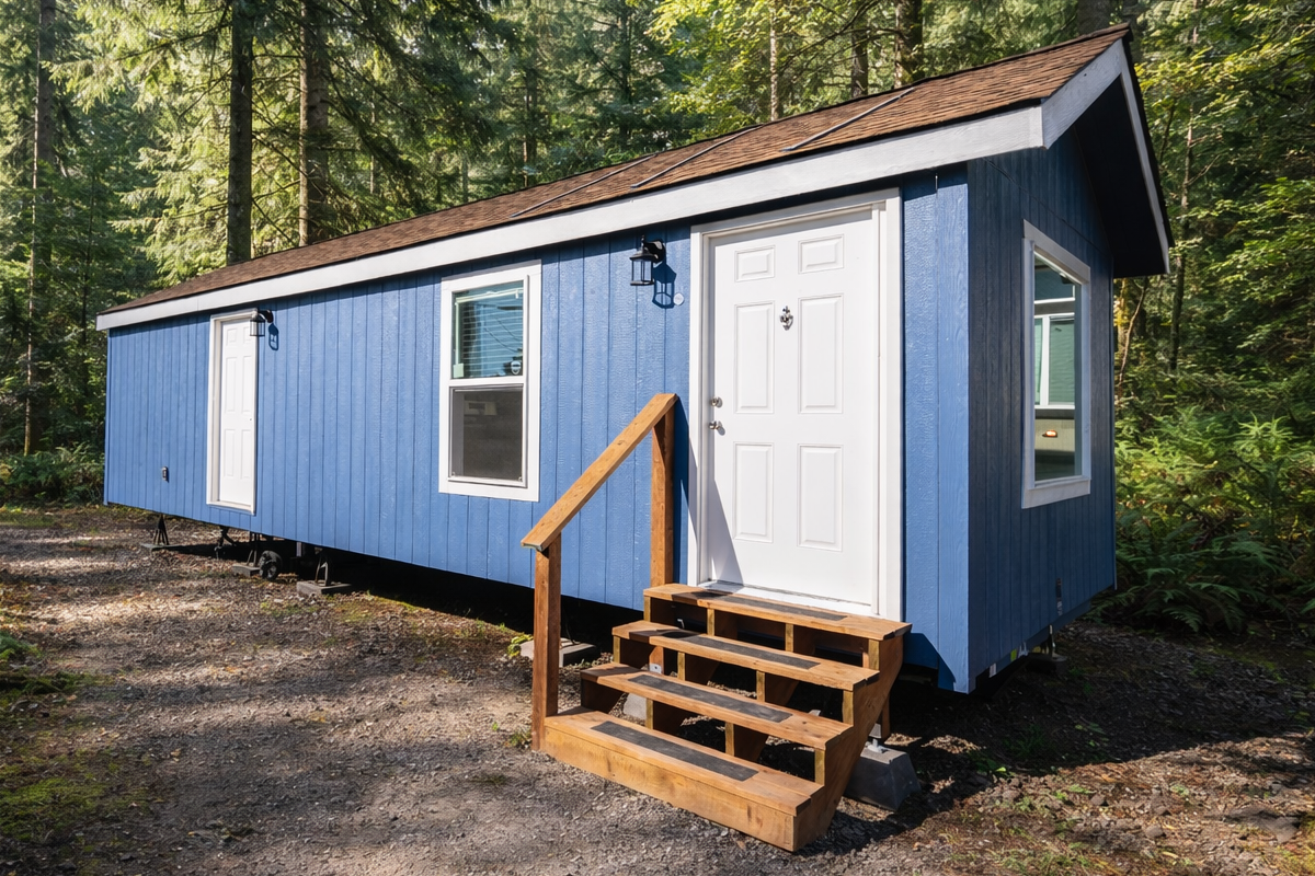 Blue Tiny House in forest