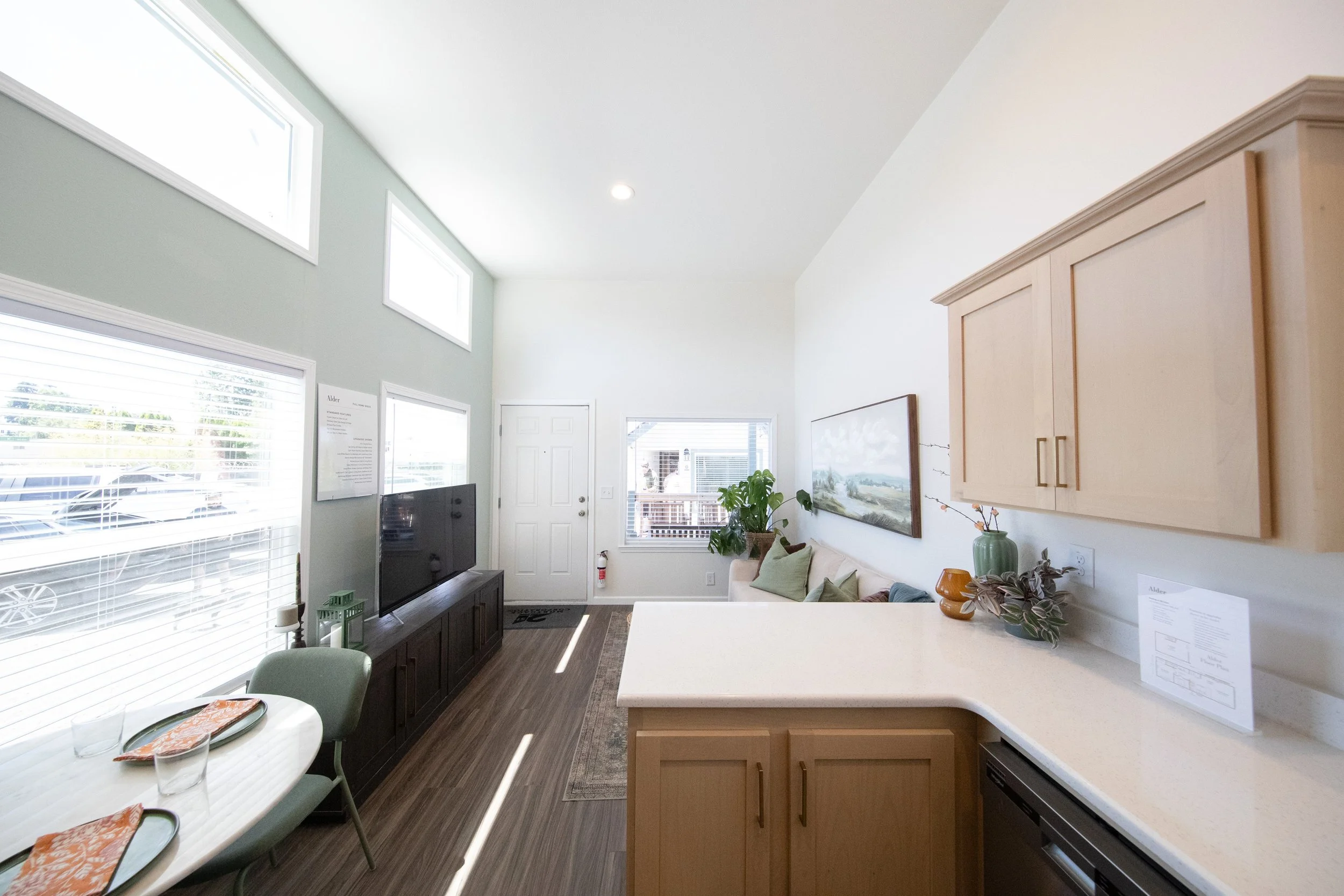 Portland Alder model view from kitchen looking into living room with high ceilings