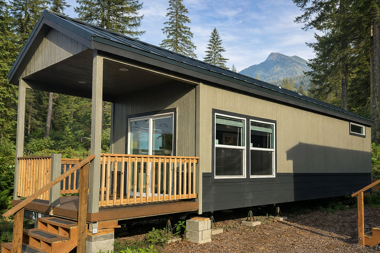 Exterior view of the Willow model showing the front and side of the home, with forest and mountains in the background
