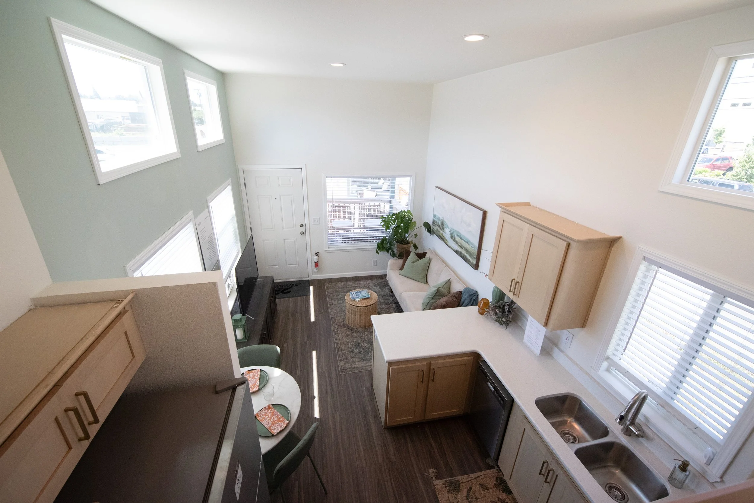 Portland Alder model overhead view from loft down to kitchen and living room