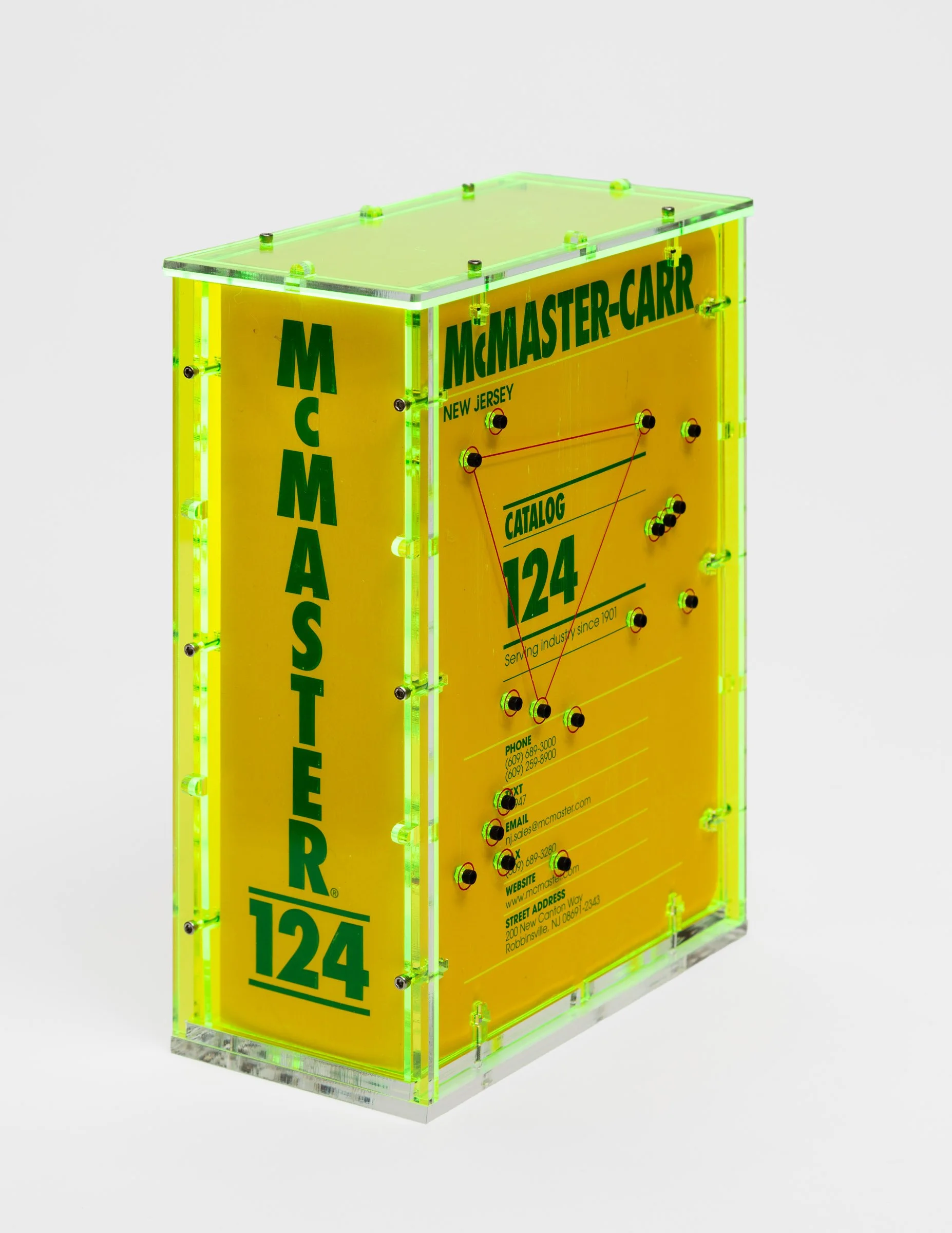   Oath Book (ca. 2180),   2025 McMaster-Carr catalog, plexiglass, stainless steel Dimensions variable  Photo by LF Documentation