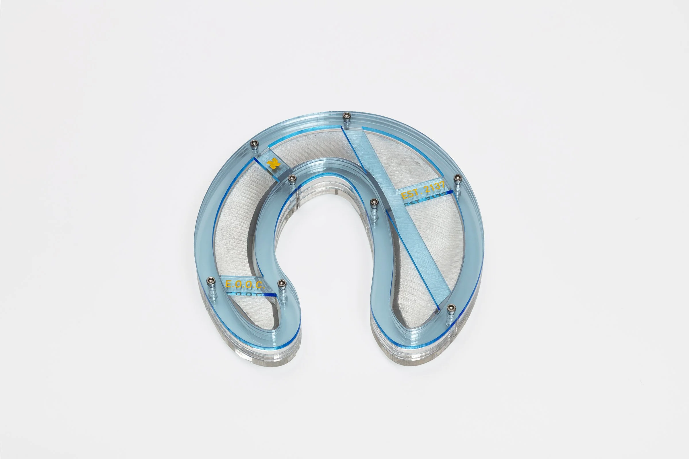   Therapeutic Horseshoe (ca. 2140),   2025 Aluminum alloy, Colleoni horseshoe, plexiglass, stainless steel Dimensions variable  Photo by LF Documentation