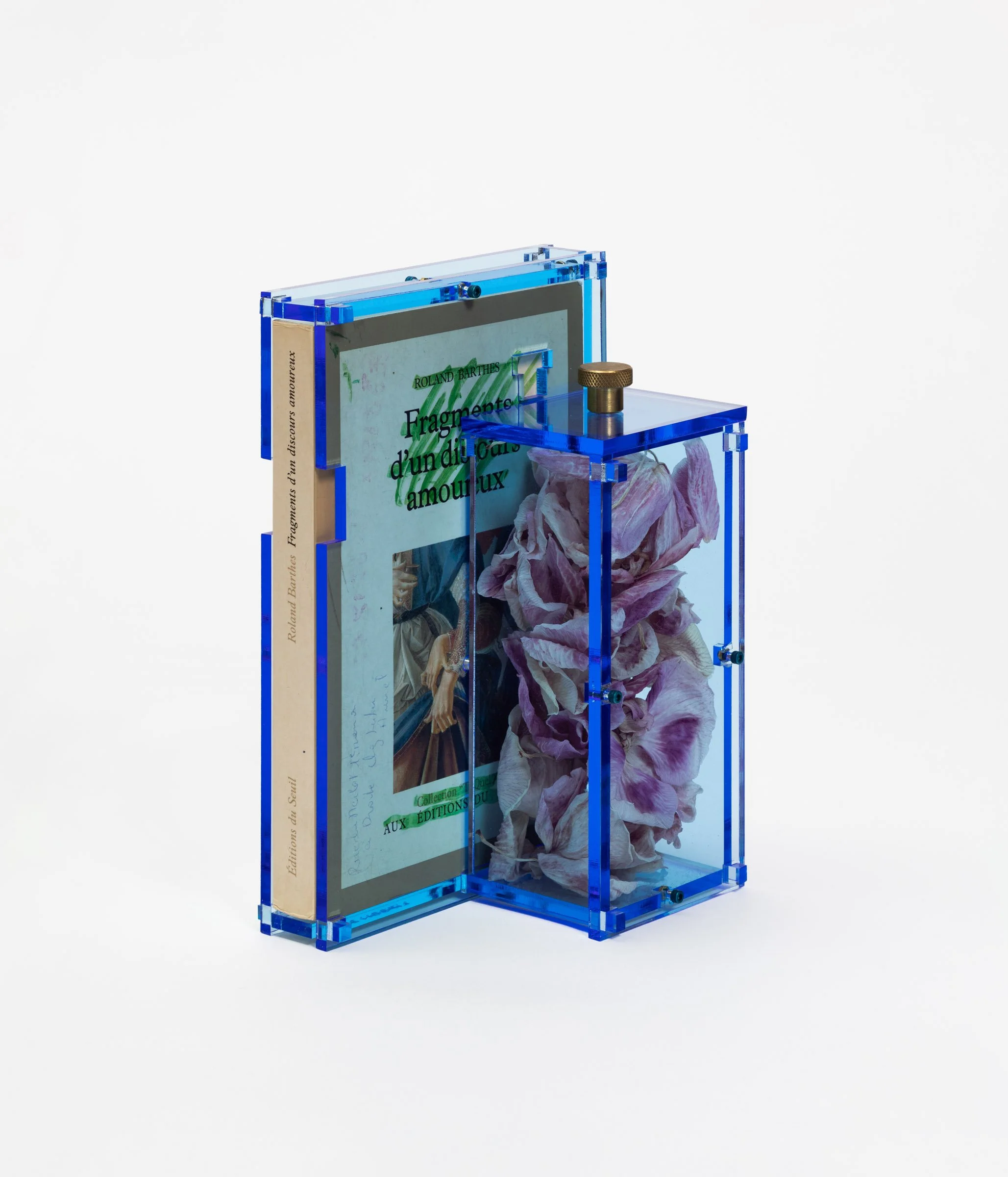   Algeria,   2024 Anodized aluminum, brass, orchid petals, plexiglass, Roland Barthes's A Lover's Discourse: Fragments 3.9 x 5.8 x 8.9 in (10 x 14.8 x 22.5 cm)  Photo by LF Documentation