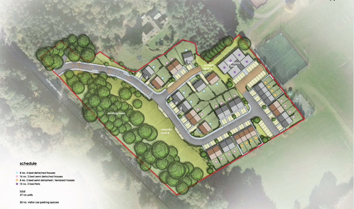 Illustrative masterplan for land in Gedling showing a proposed 50-dwelling residential layout with roads, landscaping and open space.