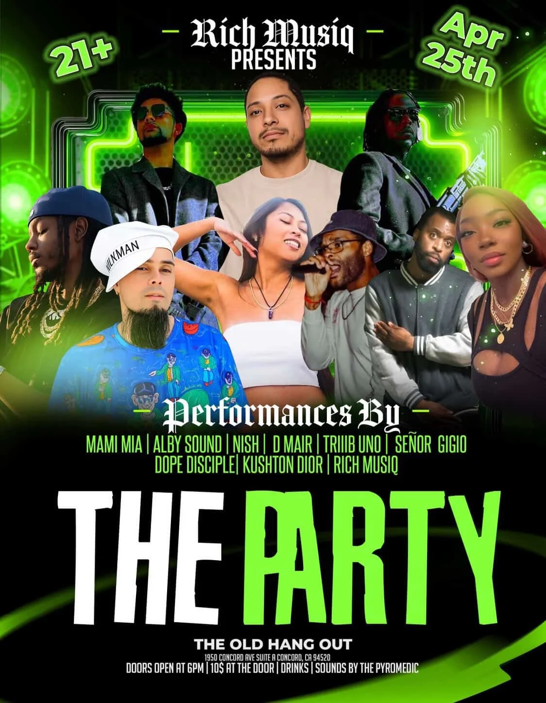 Event poster for a live music performance titled 'The Party' at The Old Hang Out, featuring multiple artists like Mami Mia and Alby Sound, scheduled for April 25th, 2023, with age restriction 21+.