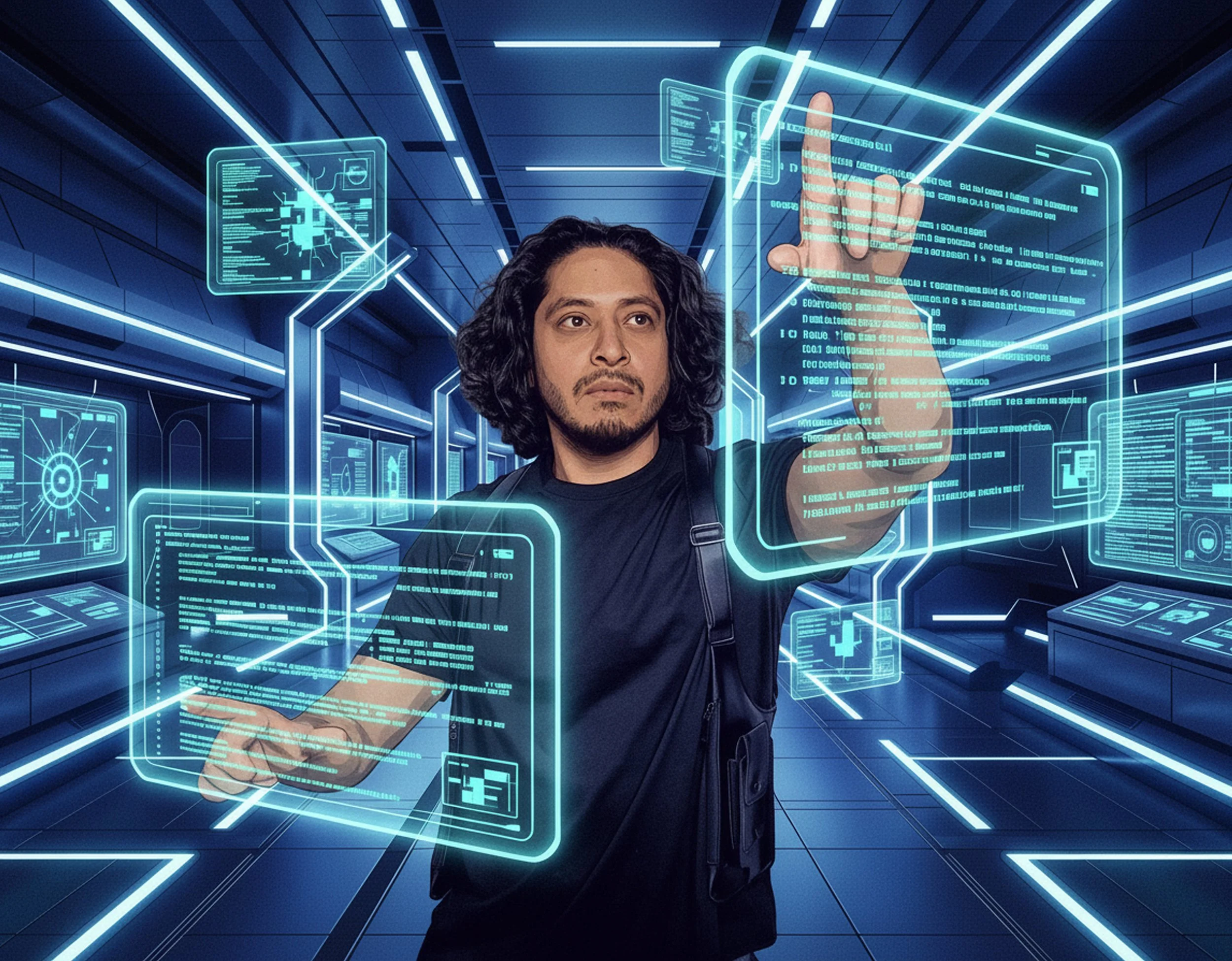 A man with long dark hair and a goatee interacts with digital holograms in a high-tech environment, surrounded by glowing blue and teal futuristic interface screens and data displays.