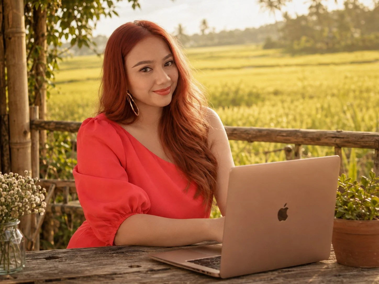 A woman with long red hair wearing a red blouse, sitting outdoors at a wooden table with a silver MacBook laptop, plants, flowers, and a rural landscape in the background, during what appears to be late afternoon or early evening.