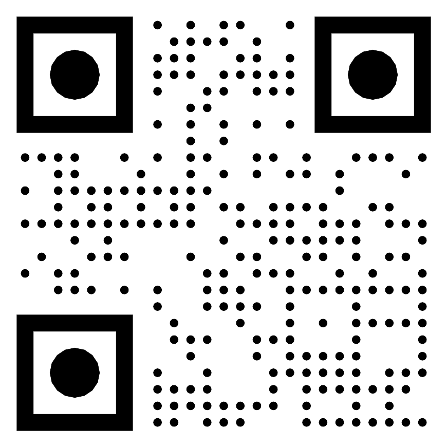 A QR code with a pattern of black dots and three large black circles inside squares located at the top left, top right, and bottom left corners.