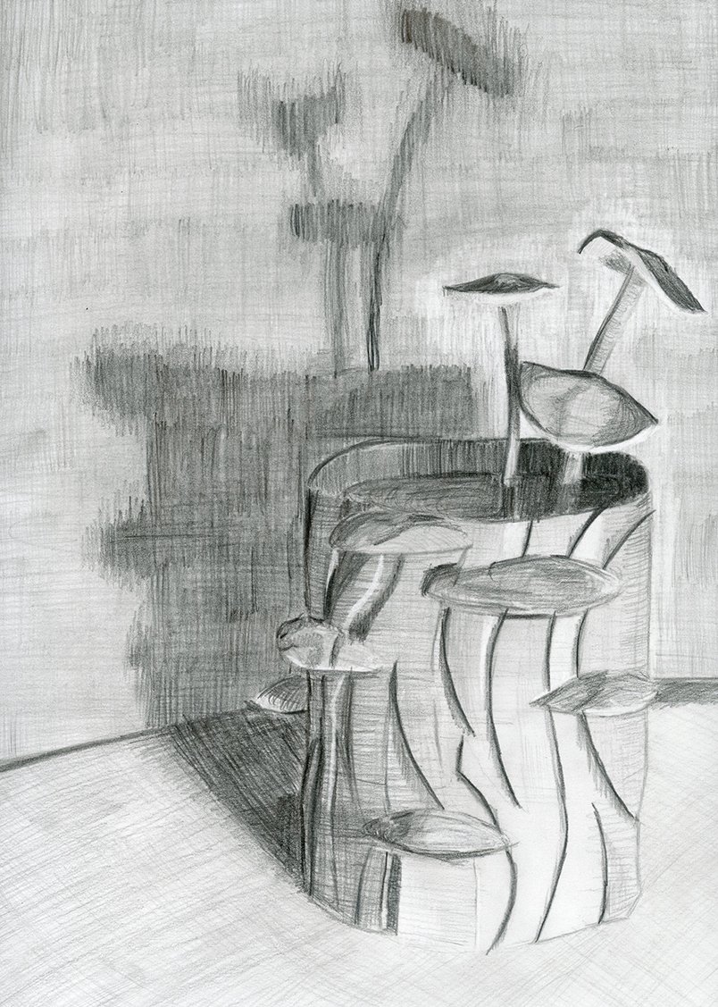 A pencil sketch of a cylindrical cat tree with multiple platforms and perches, placed against a wall with some shading that suggests a shadow or painting.
