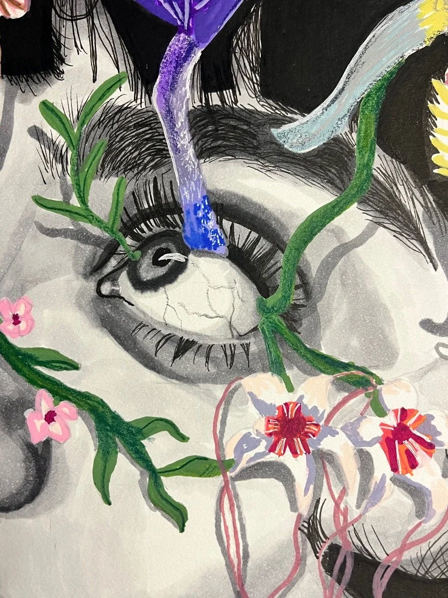 A detailed black and white drawing of a human eye with colorful flowers and green vines intertwined around it, including purple, blue, pink, red, and yellow elements.