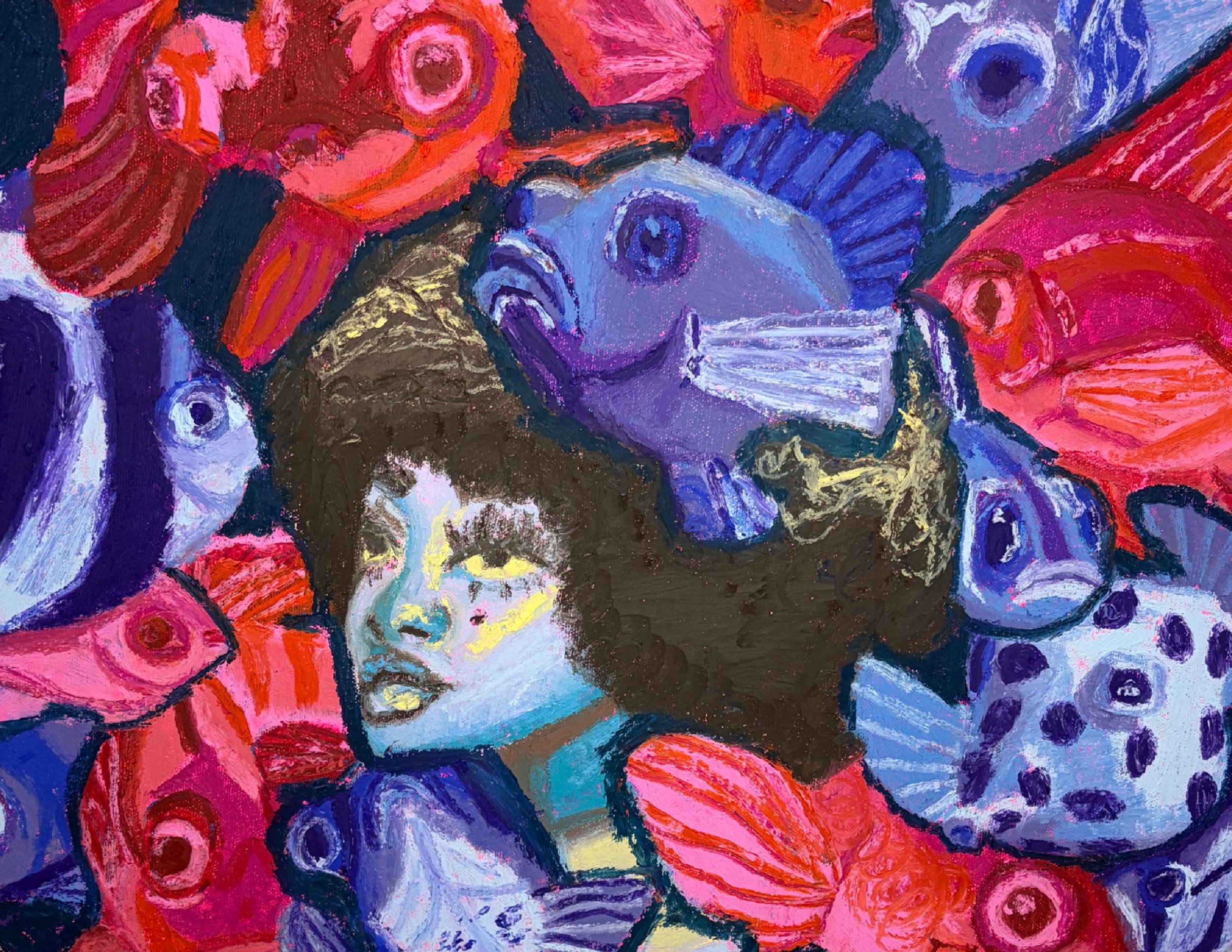 An abstract painting of multiple human faces in various colors including red, purple, blue, and black, with expressive brush strokes and swirling patterns.