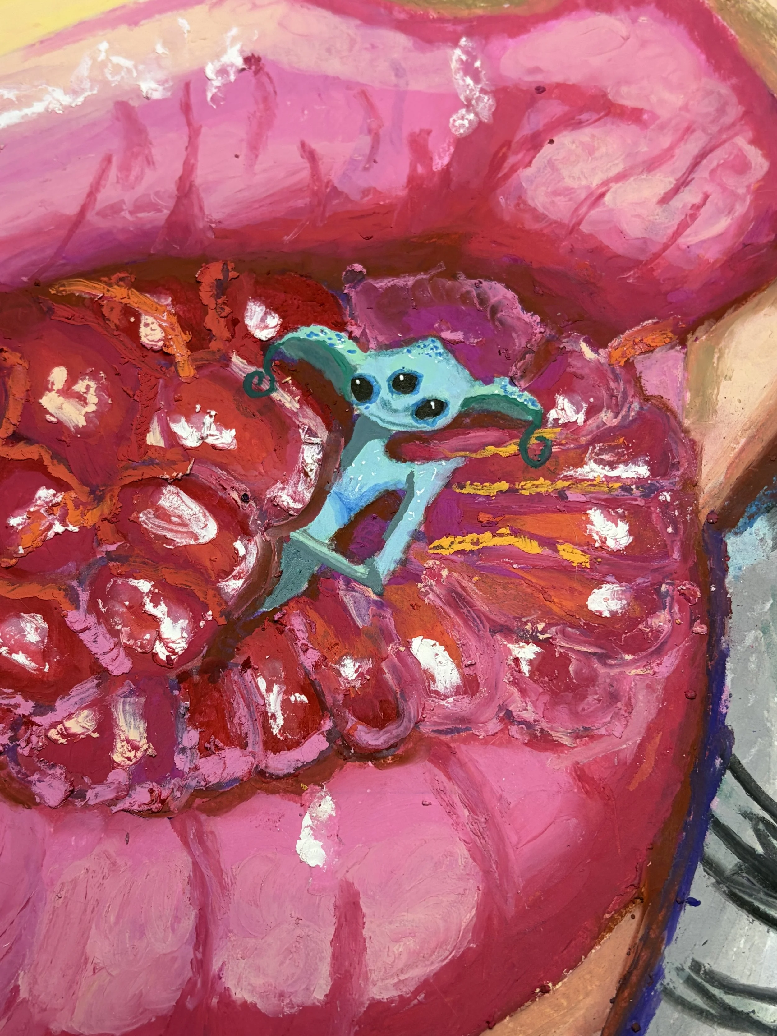 Close-up of an abstract painting with pink, red, and orange brushstrokes, featuring a small, stylized creature with four eyes and curved antennae.