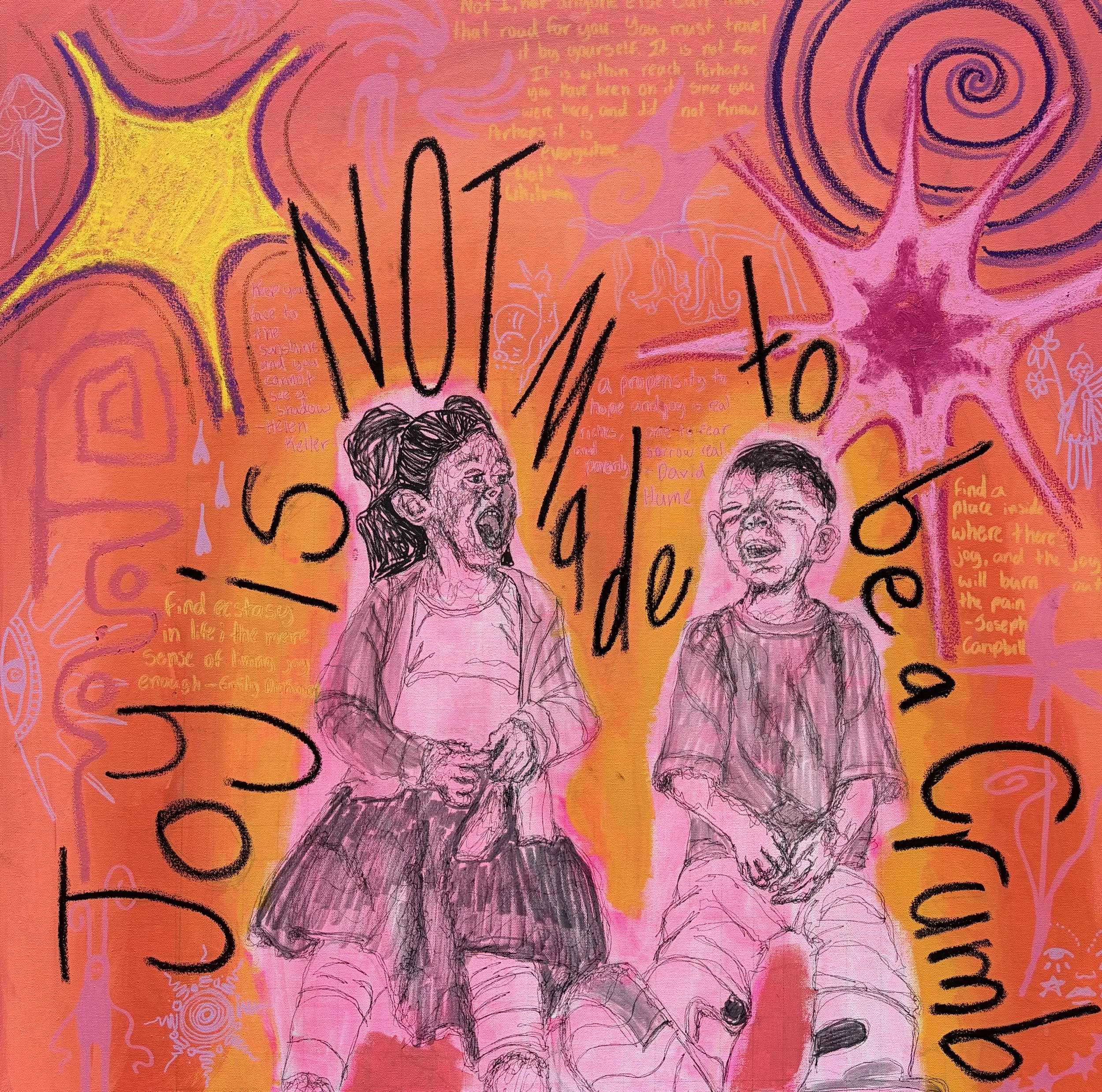 Colorful artwork with abstract designs, handwritten text, and sketches of people, including a girl with her hair up and a young man. The background is mainly pink and orange with various doodles and messages written in different colors.