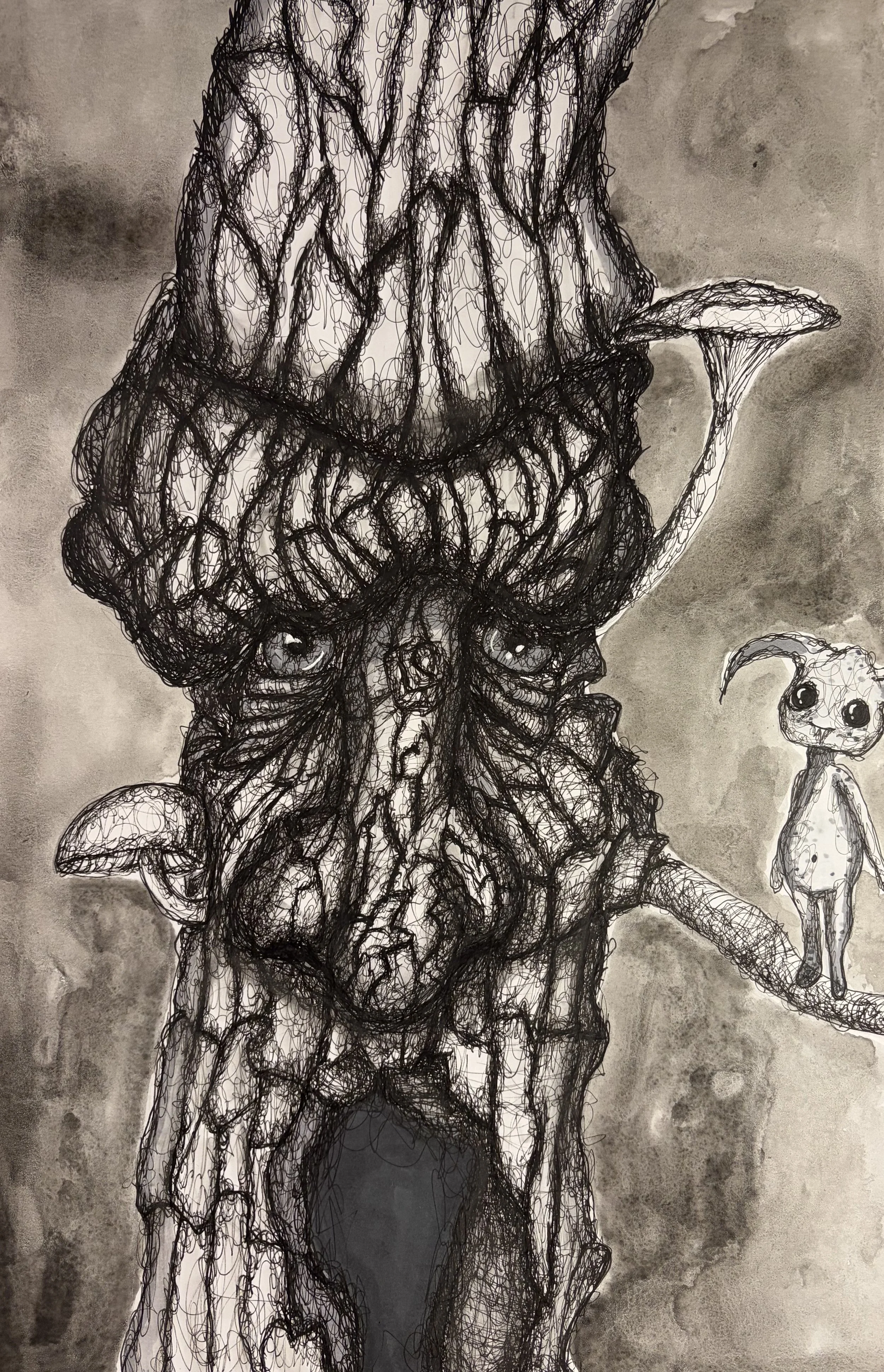 A surreal, abstract drawing of a human-like figure with exaggerated features, surrounded by smaller, playful characters, created with scribbled lines and dark shading.