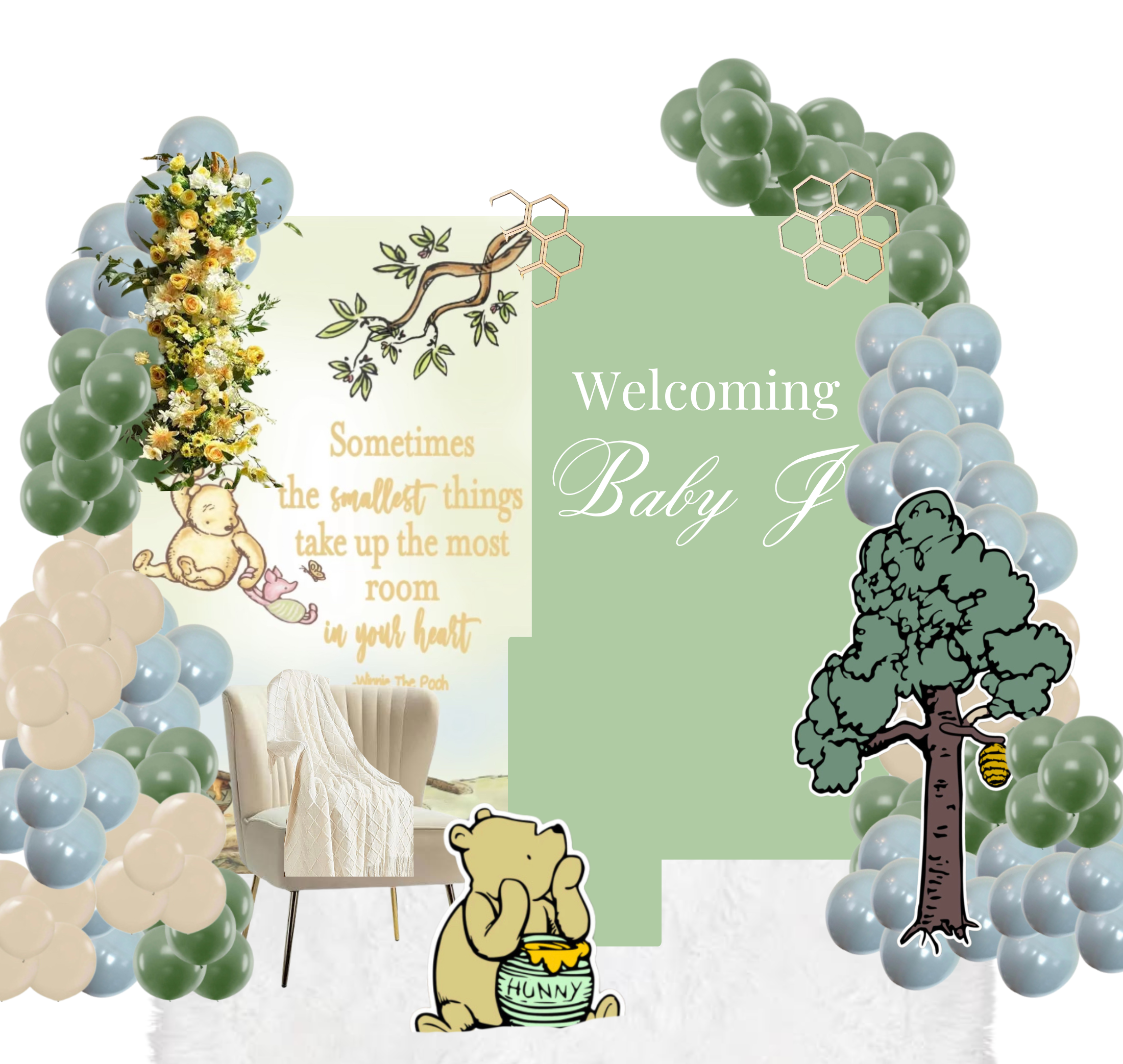 Baby shower backdrop with green and blue balloons, Winnie the Pooh theme, a quote about small things, a chair with a blanket, and Winnie the Pooh illustration holding honey.