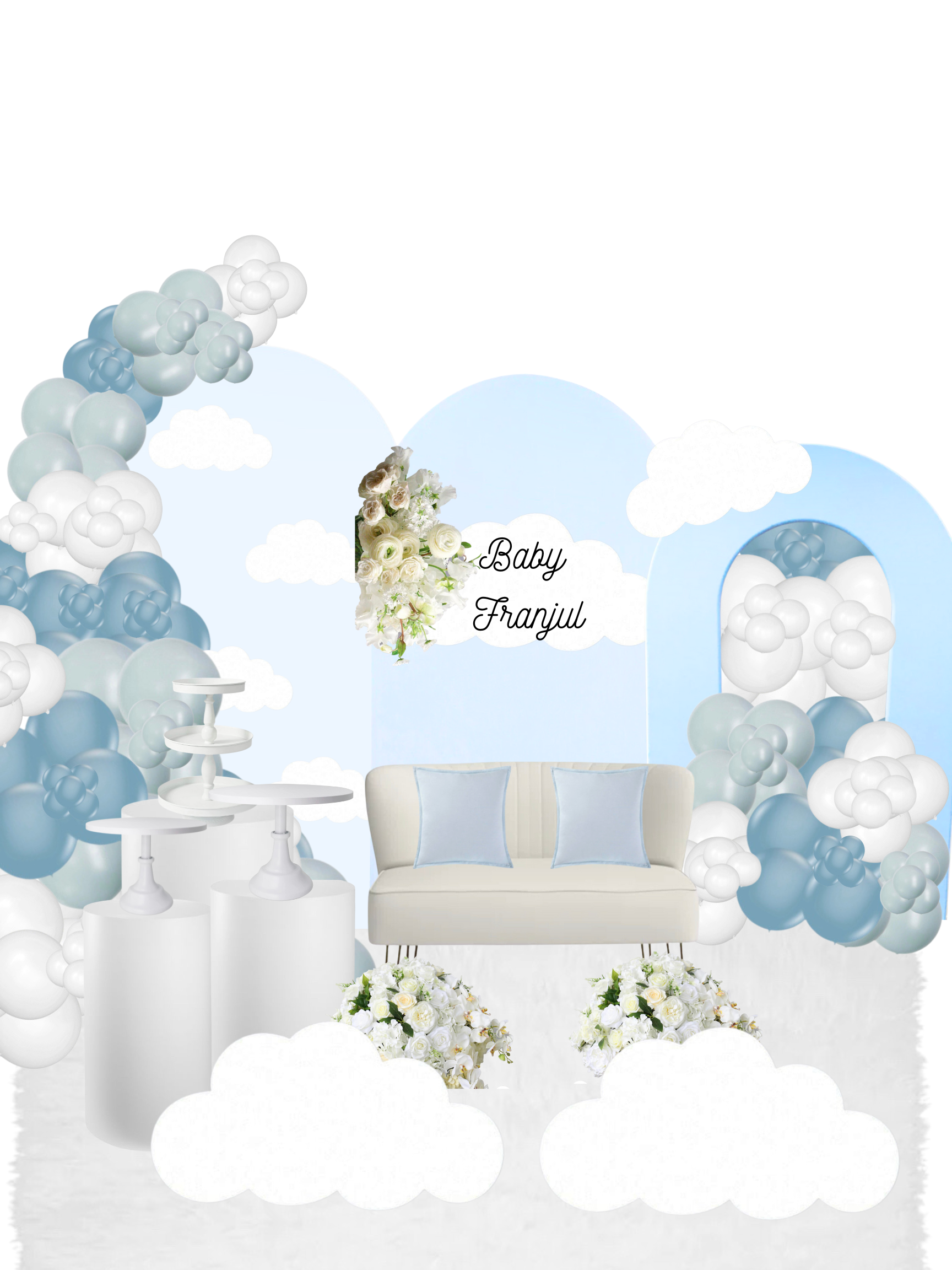 Baby shower backdrop with white and blue clouds and balloons, a white sofa with blue pillows, floral arrangements, and a sign that says "Baby Franjul."