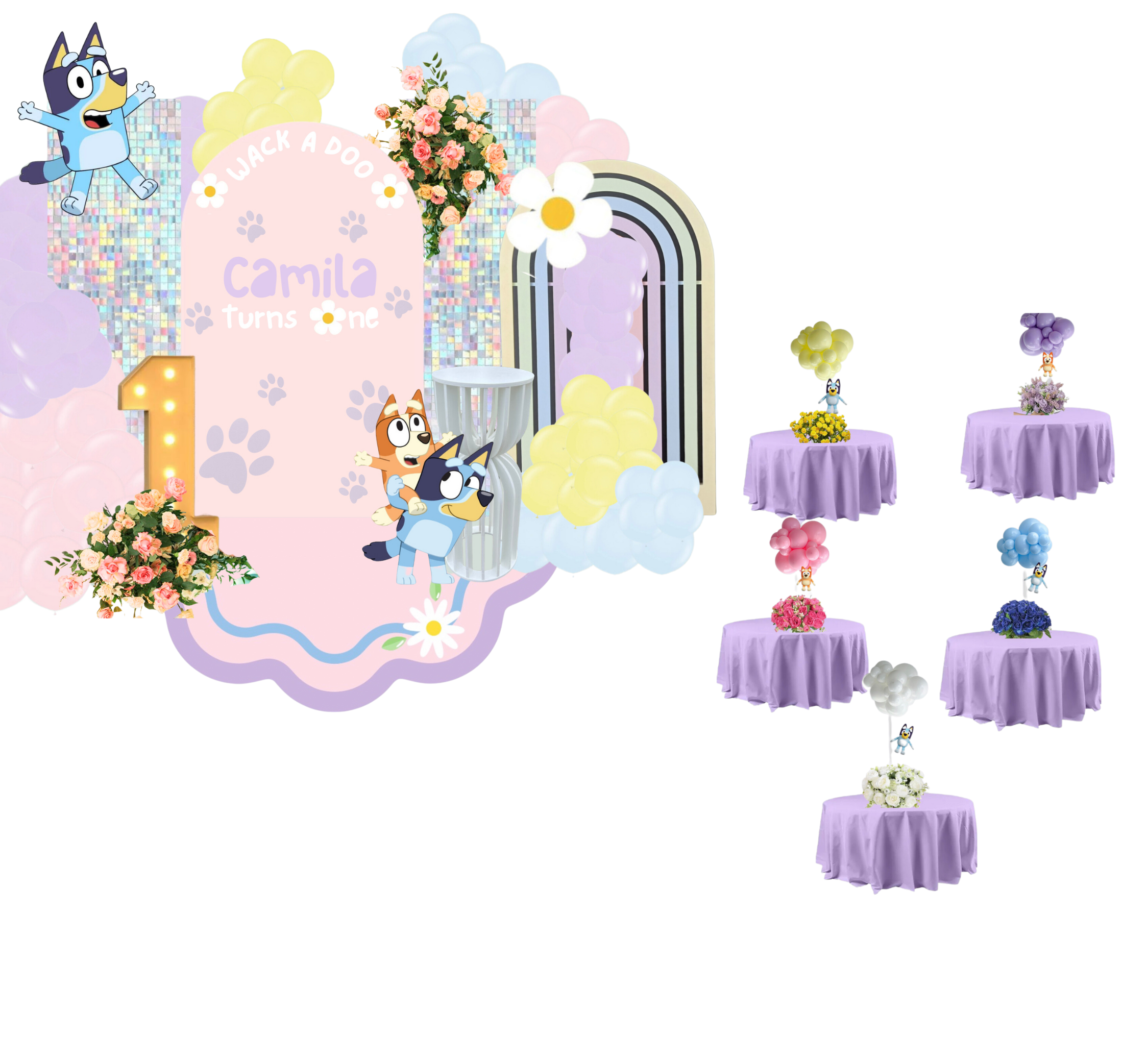 Colorful children's birthday party decoration with cartoon dog characters, balloons, flowers, and a backdrop reading 'Camila turns one'.
