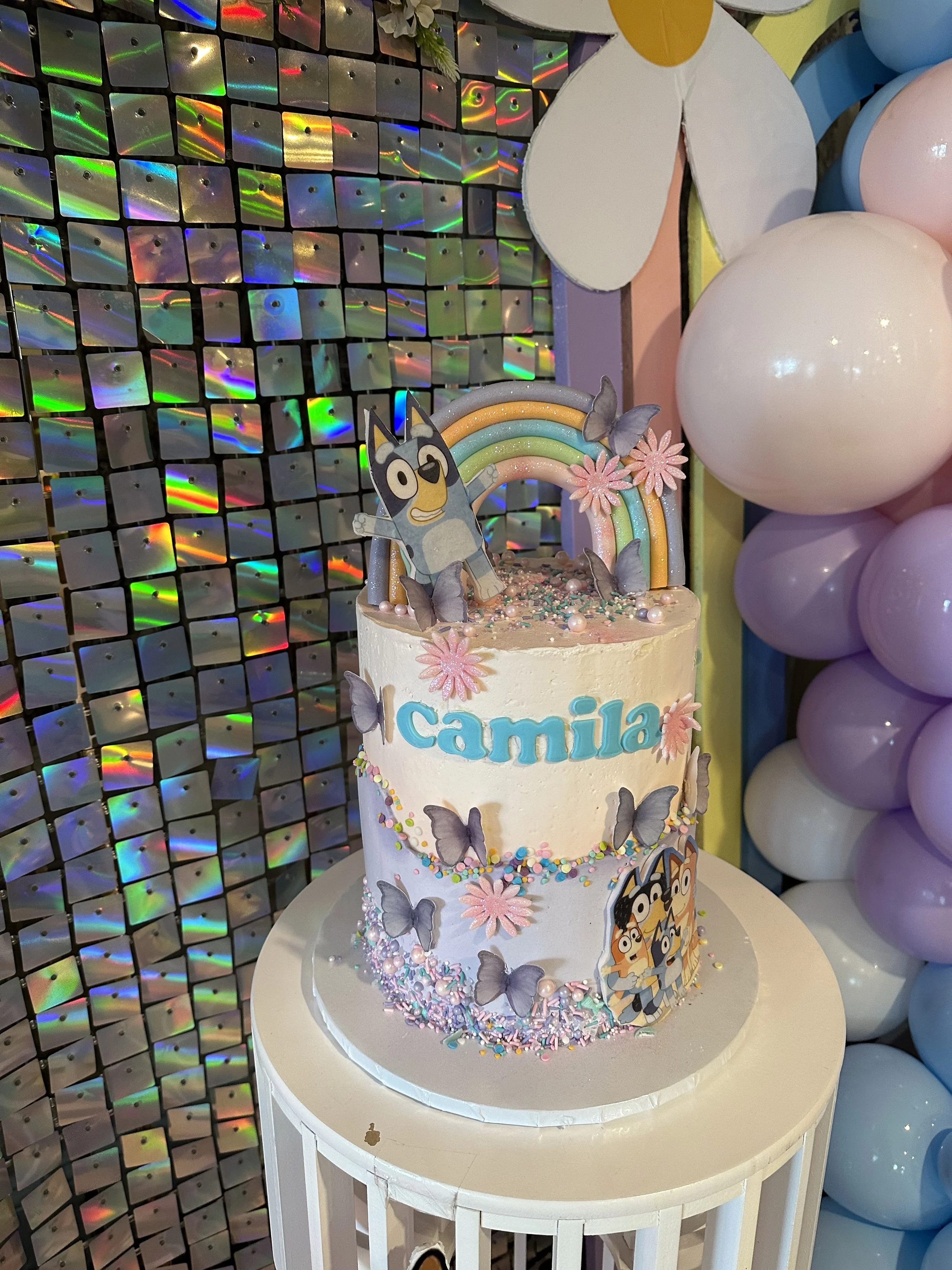 A decorated birthday cake with the name 'Camila' on it, featuring a 'Nope' animated character, rainbow, flowers, butterflies, and colorful sprinkles, with a background of reflective tiles and balloons.