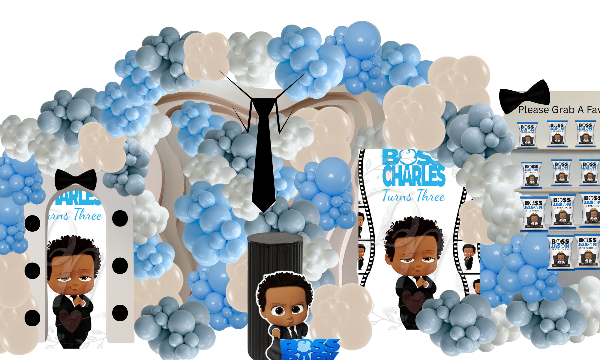 Balloon decorations for a child's third birthday party featuring cartoon character Boss Baby. The scene includes an archway with a bow tie and buttons, columns of balloons in blue, white, and beige, a backdrop with Boss Baby and the text "Boss Charles Turns Three," and a shelf with themed party favors. Black bow ties are used as additional decorations.