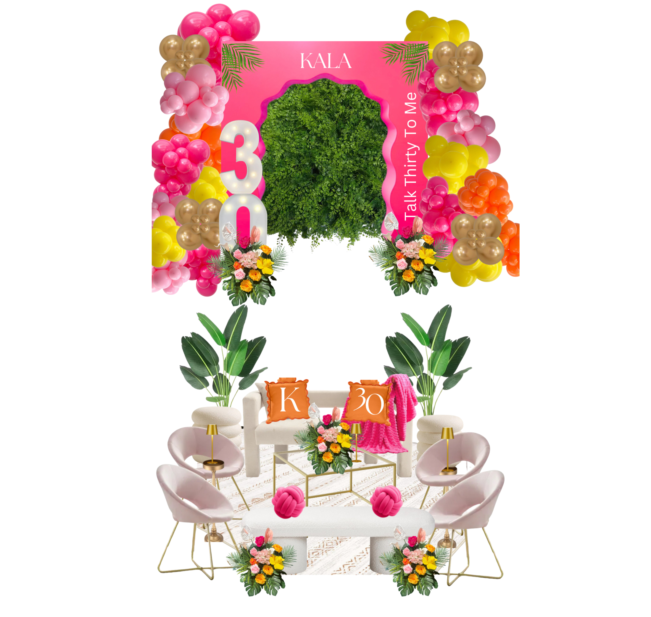 Decorative setup for a 30th birthday celebration with a pink, yellow, and gold balloon arch, floral arrangements, and a cozy seating area with pillows and greenery.