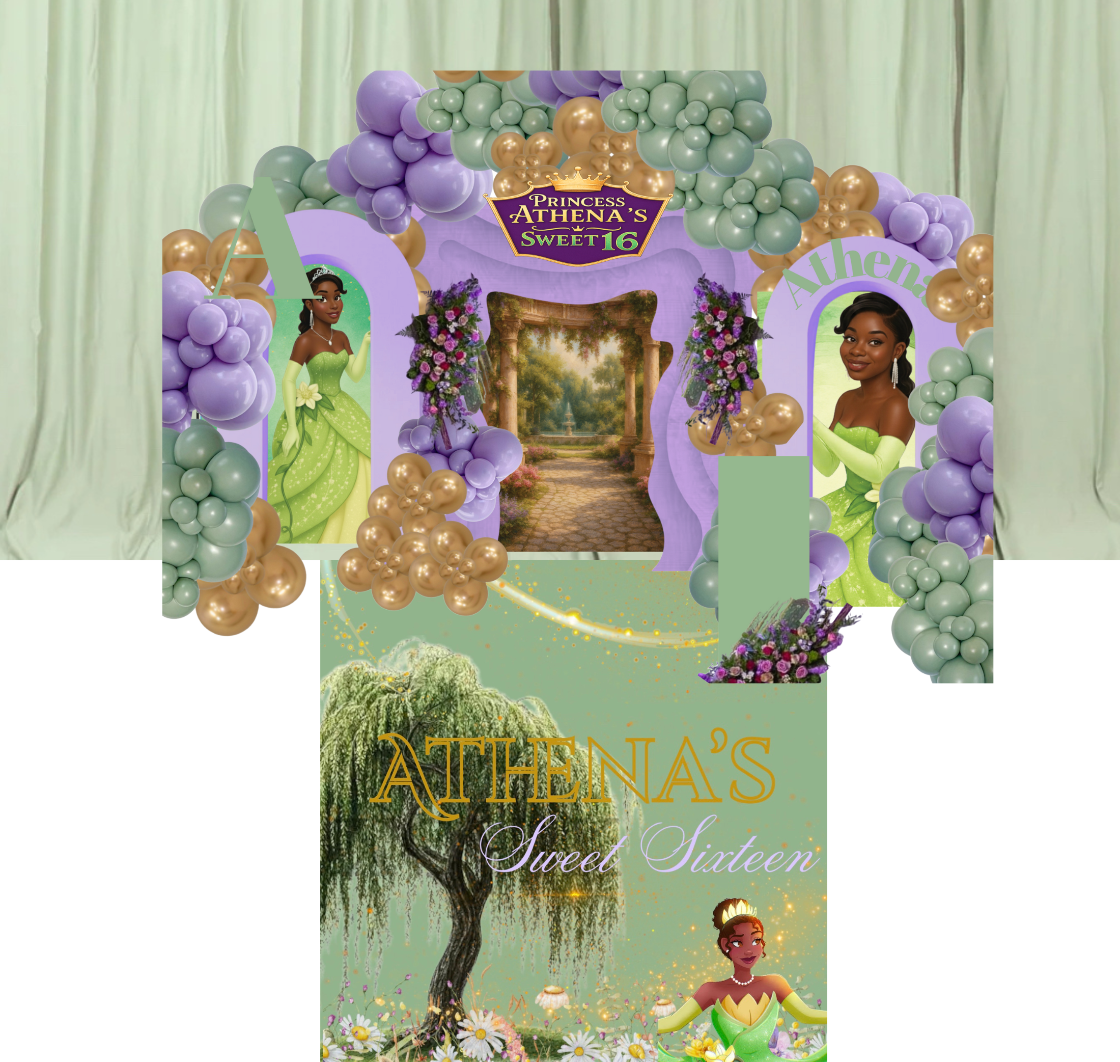 A decorated backdrop for a 16th birthday party featuring princes and princesses theme, with purple, green, and gold balloons, floral arrangements, and illustrations of a princess and a fairy with a garden and pathway background.