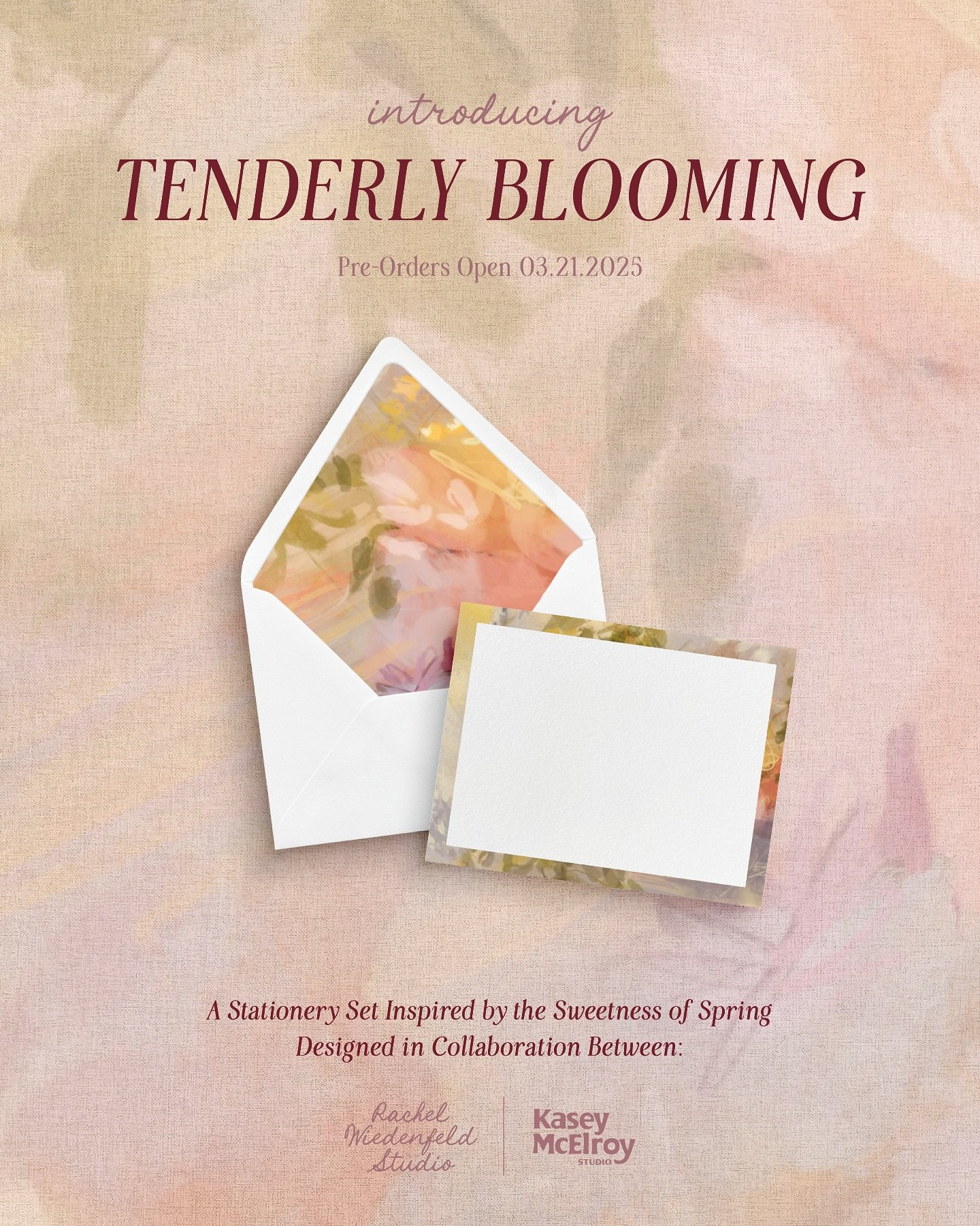 Introducing the Tenderly Blooming Stationery Set designed in collaboration between Rachel Wiedenfeld Studio and Kasey McElroy Studio. 

This whimsical and captivating design brings the warmth and freshness of sweet springtime blooms right to your fin
