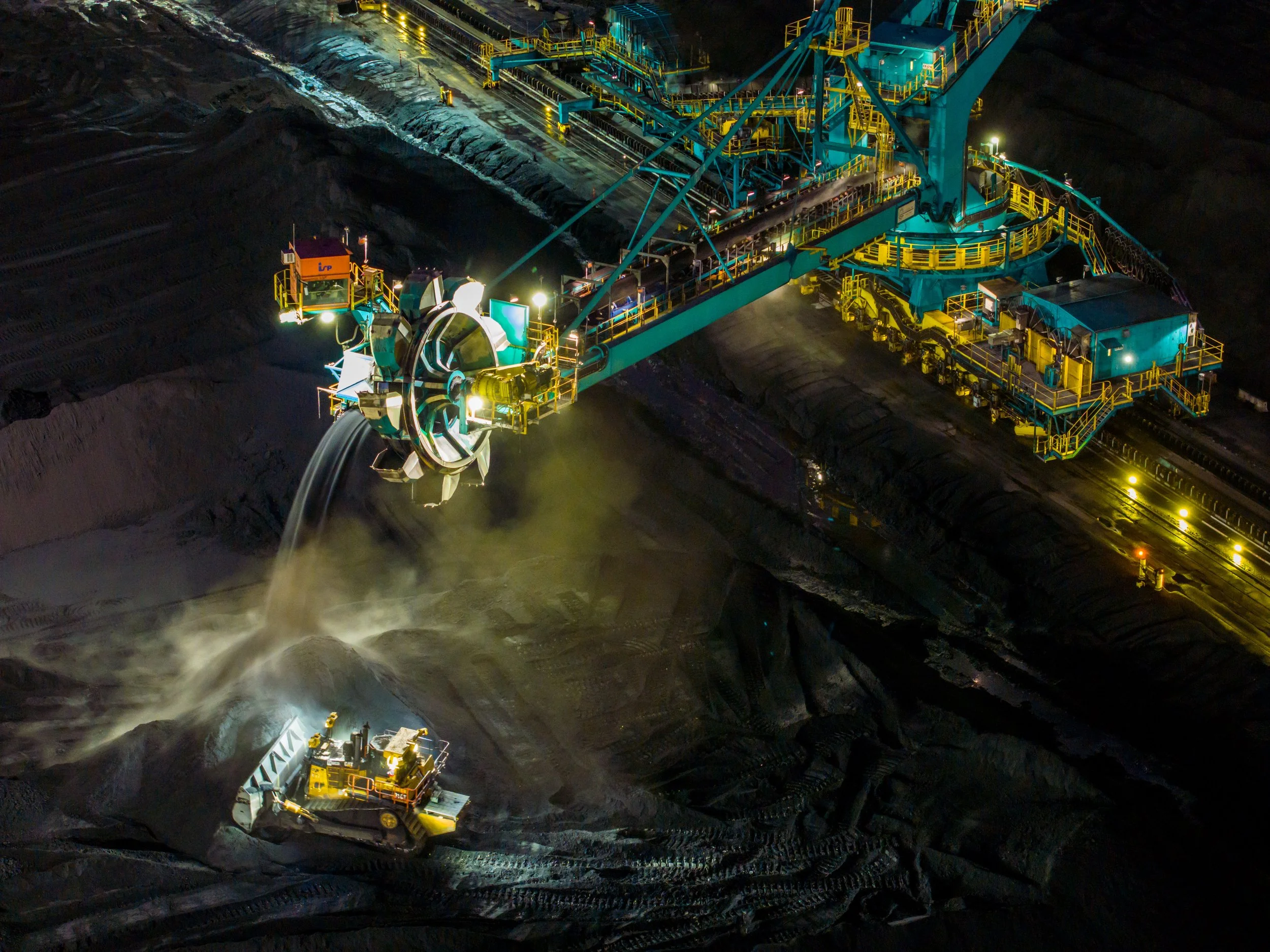 Nighttime view of a large coal terminal.