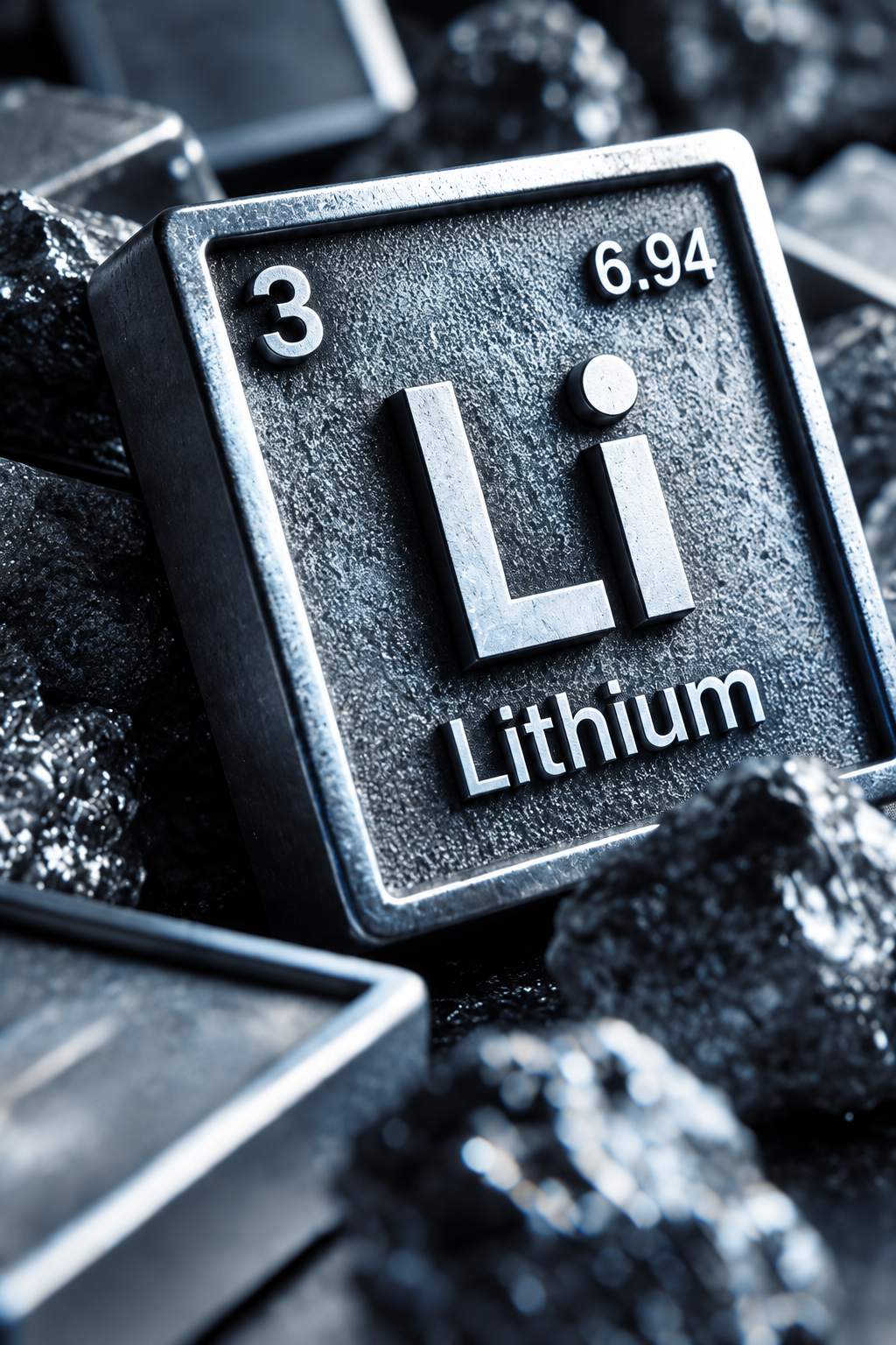 Conceptual lithium element illustration showing atomic number 3, symbol Li, and atomic weight 6.94.