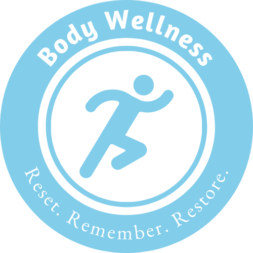 Logo for Body Wellness featuring a stylized running person inside a circle, with the text 'Body Wellness' at the top and 'Rest. Remember. Restore.' at the bottom in a light blue and white color scheme.