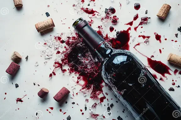 Red wine bottle smashed against white background with stained corks around it.