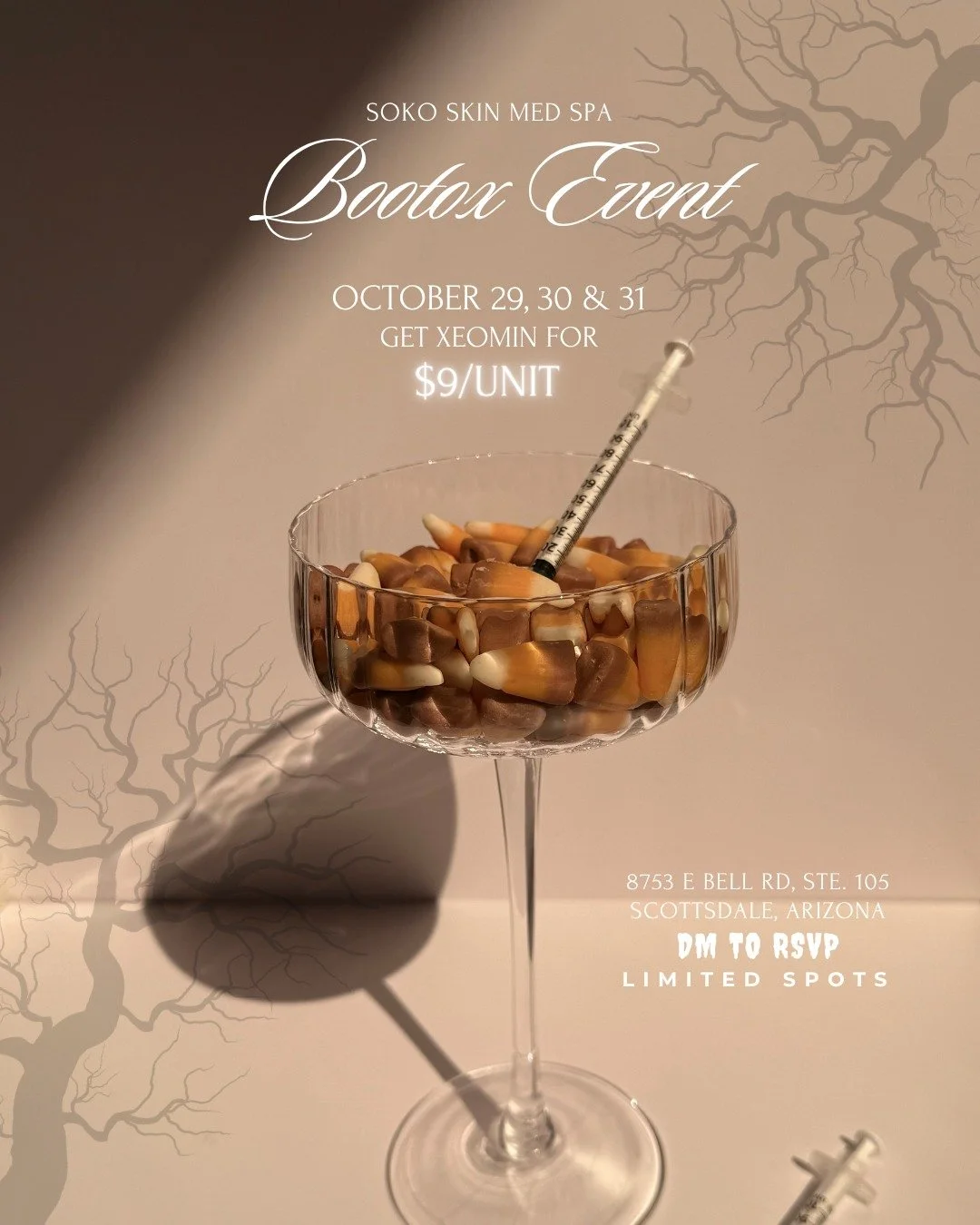 No tricks, just treats 👻💉
 Join us for our BOOtox Event &mdash; October 29, 30 &amp; 31 🎃
Get Xeomin for only $9/unit and refresh your glow before the holidays ✨

📍 8753 E Bell Rd, Ste. 105, Scottsdale, AZ
 💌 DM to RSVP &mdash; limited spots ava