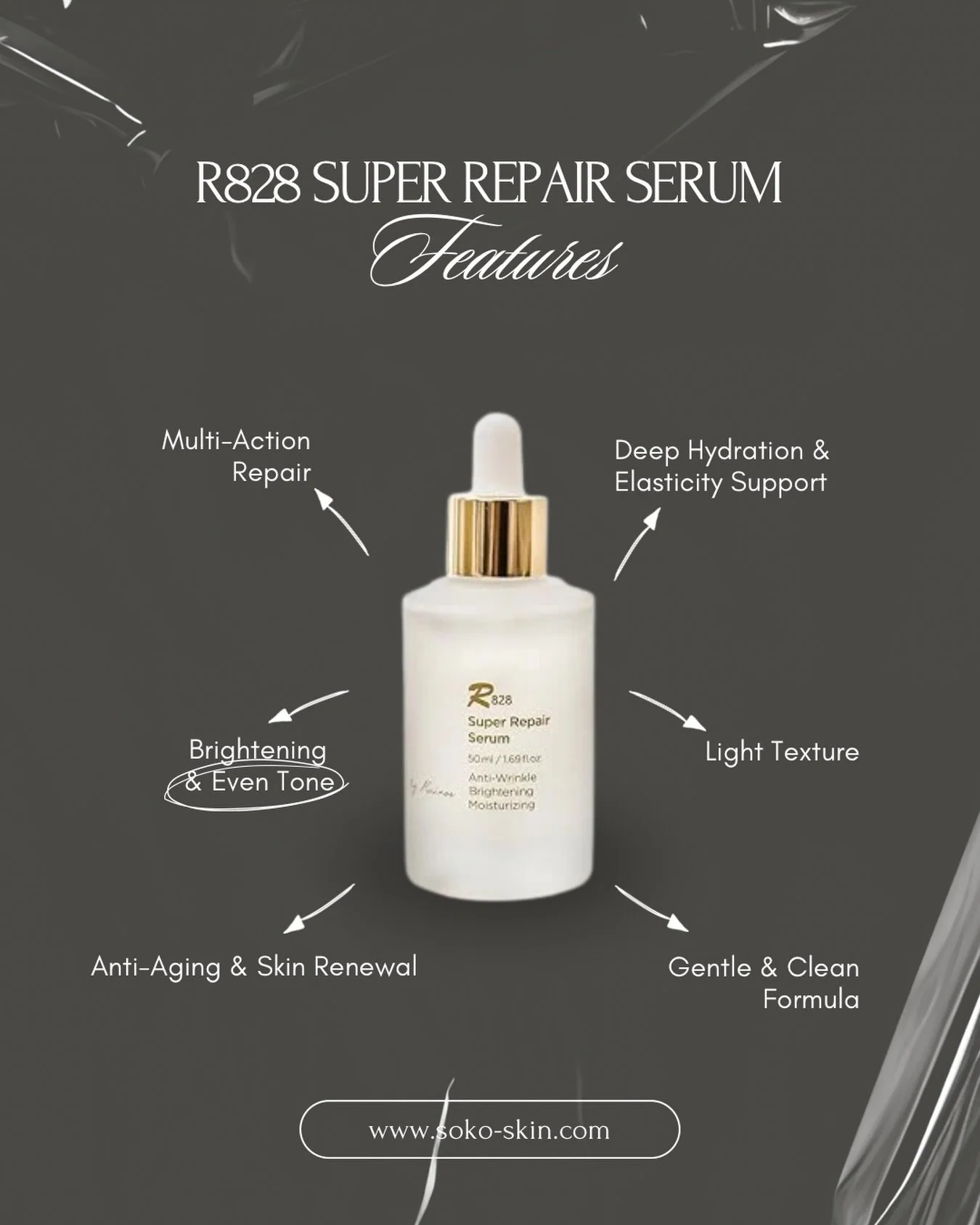 Meet the R828 Super Repair Serum💧

A multi-action formula designed to repair, brighten, hydrate, and support skin elasticity &mdash; all in one lightweight texture✨

Available now at soko-skin.com!