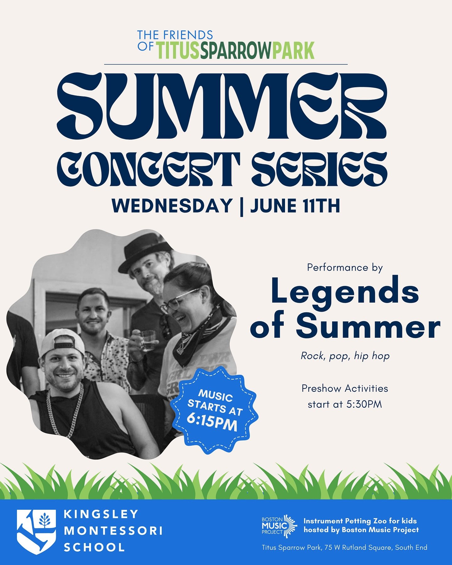 Join us tomorrow for our summer concert at Titus Sparrow Park!

🎵 Event Snapshot:
📍 Titus Sparrow Park, South End
📅 Wednesday, June 11th
✨ Children&rsquo;s activities hosted by @hi.misslauren 5:30-6:15 PM
🕠 Instrument Petting Zoo hosted by @bosmu