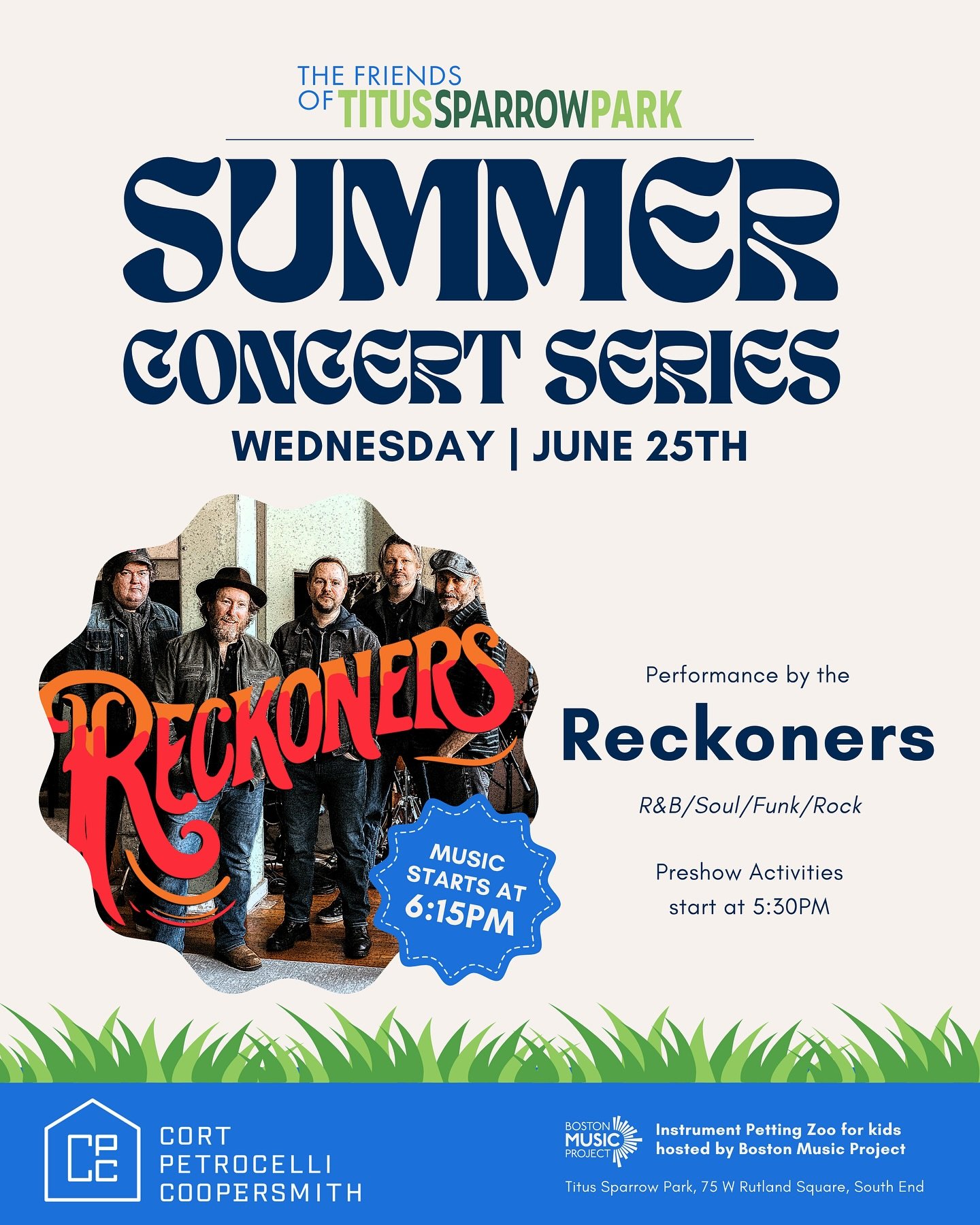 Join us tomorrow for our summer concert at Titus Sparrow Park!

🎵 Event Snapshot:
📍 Titus Sparrow Park, South End
📅 Wednesday, June 25th
🎤 Live Music by @reckonersmusic 6:15-7:45 PM
✨ Children&rsquo;s activities hosted by @hi.misslauren 5:30-6:15
