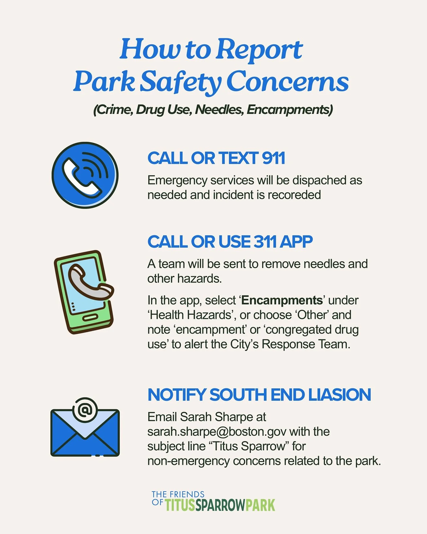 Over the last several days, we&rsquo;ve received multiple reports of people sleeping in the park and drug use on-site. These situations are deeply concerning for our community and we take them seriously.

We have contacted local authorities and are c