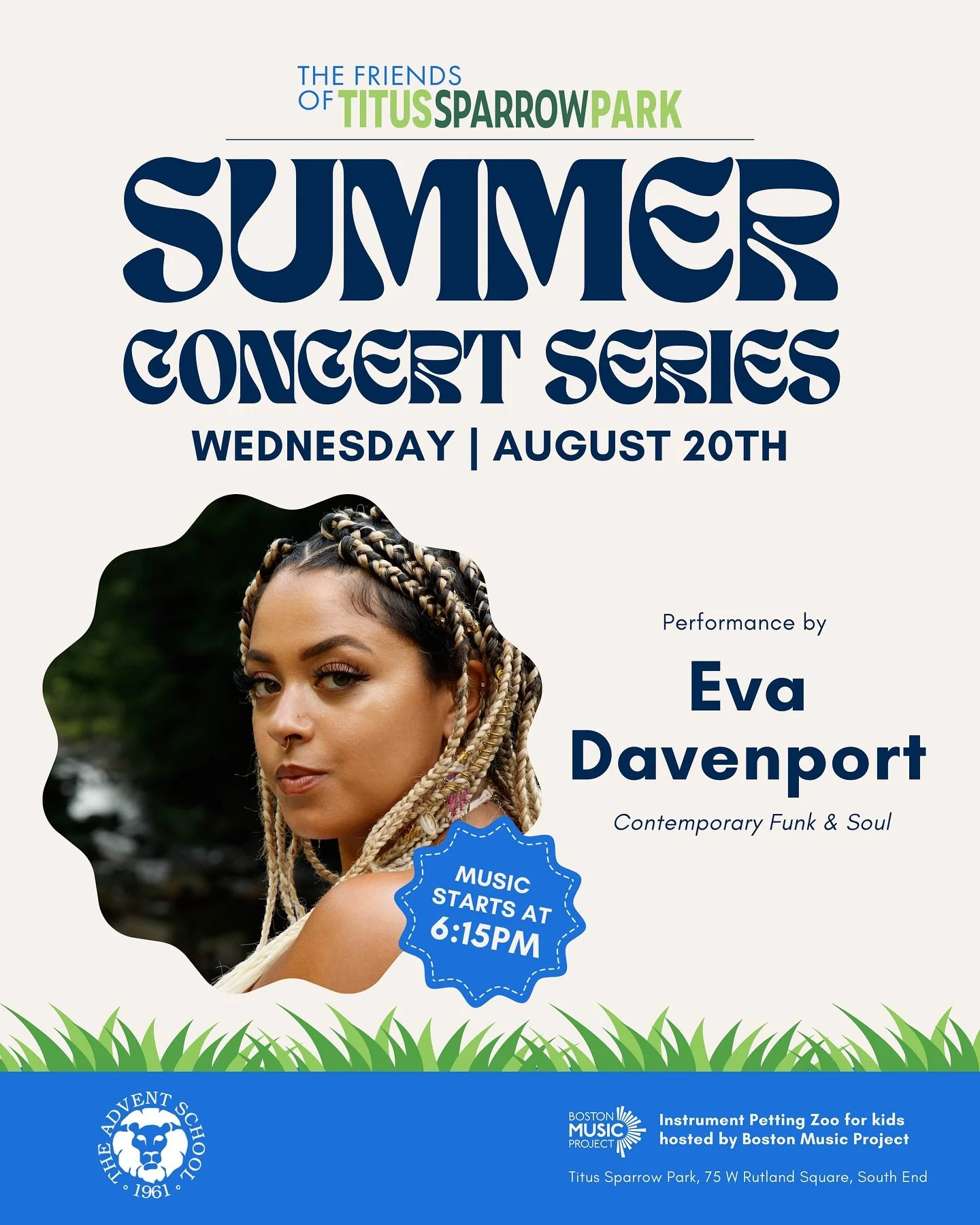 Join us tomorrow for our free summer concert at Titus Sparrow Park in the South End, steps away from the Pru! 

🎵 Event Snapshot:
📍 Titus Sparrow Park, South End
📅 Wednesday, August 20th

🎤 Live Music by @lyricsbyeva 6:15-7:45 PM

🪇 Children&rsq