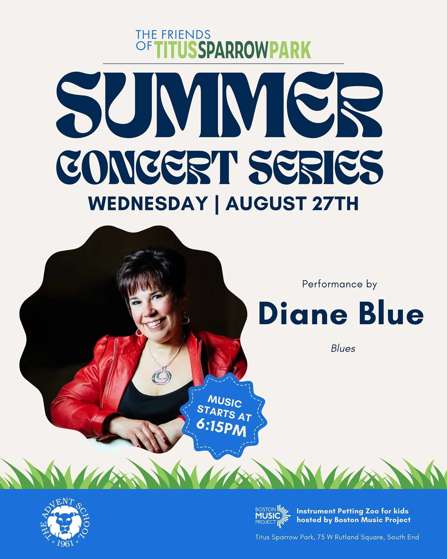 Join us on Wednesday for our final summer concert of the season at Titus Sparrow Park in the South End, steps away from the Pru! 

🎵 Event Snapshot:
📍 Titus Sparrow Park, South End
📅 Wednesday, August 27th

🎤 Live Music by @dianebluemusic 6:00-7: