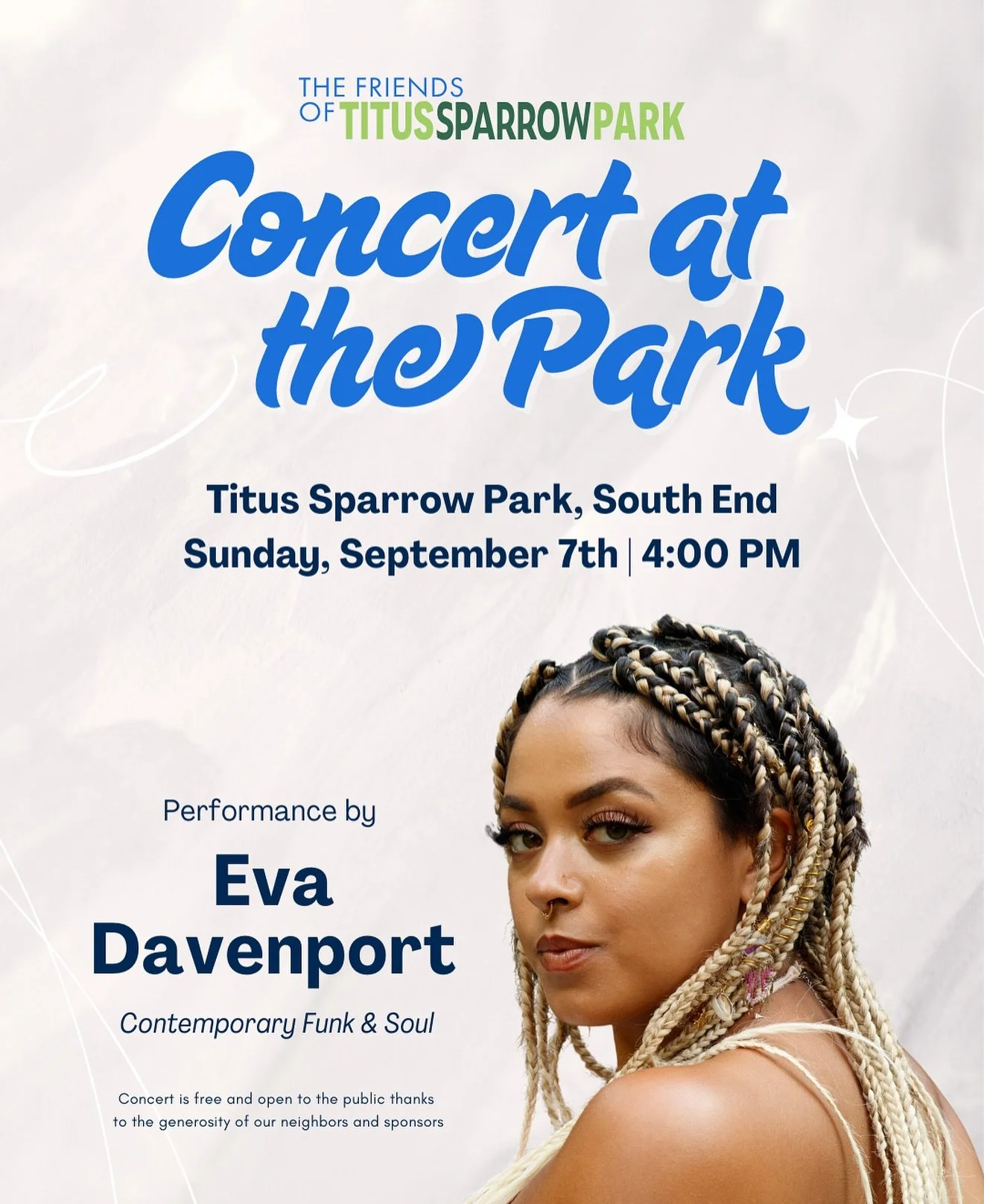 Join the Friends of Titus Sparrow Park for a free concert at the park this Sunday! The concert is weather dependent, RSVP on our website to receive event and weather updates!

🎵 Event Snapshot:
📍 Titus Sparrow Park, South End
📅 Sunday, September 7