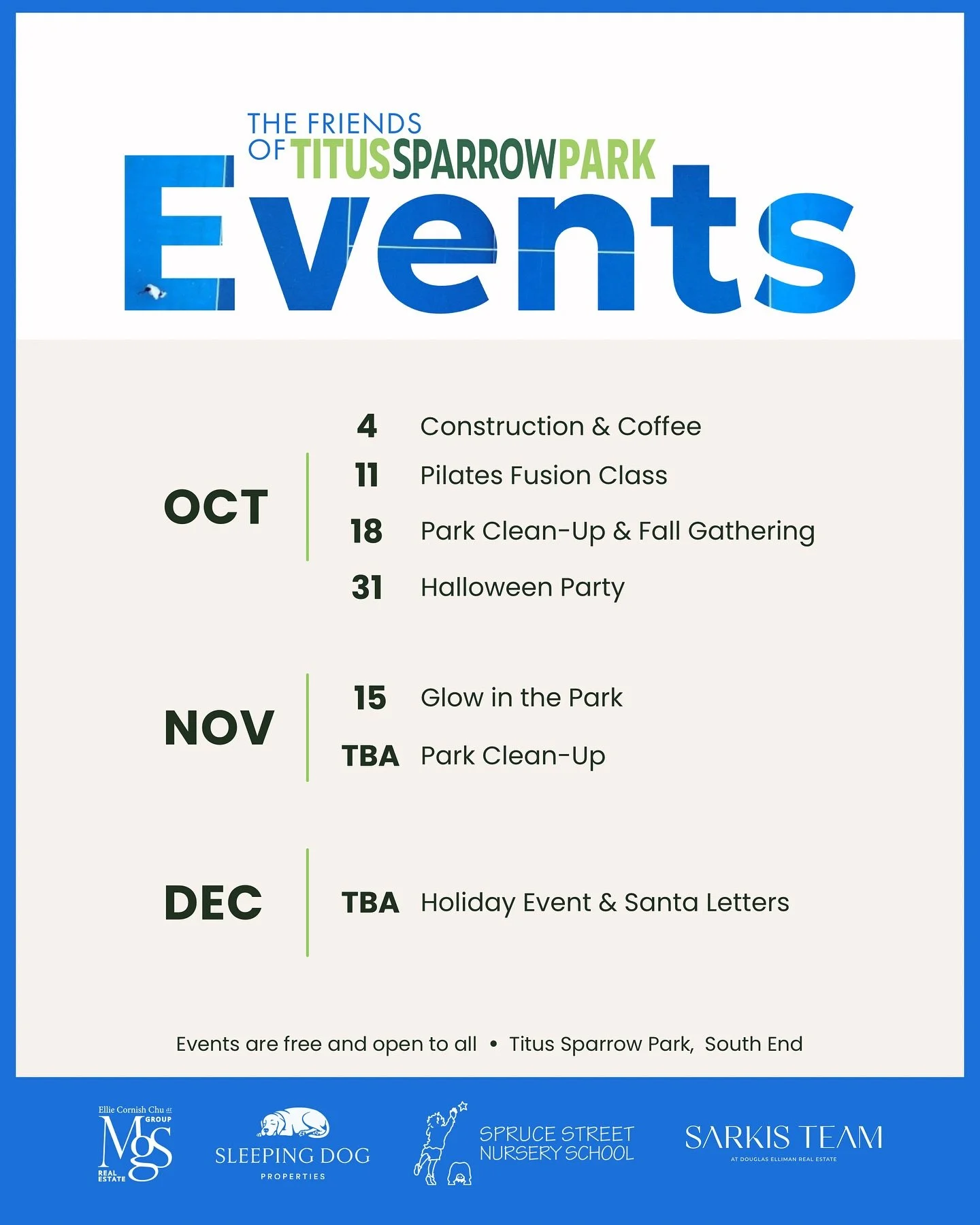 Mark your calendars! Here&rsquo;s what&rsquo;s happening at Titus Sparrow Park for the rest of 2025. All events are free and open to the community, thanks to the generous support of our sponsors and neighbors who make it all possible. 💙💚

📬 To sta