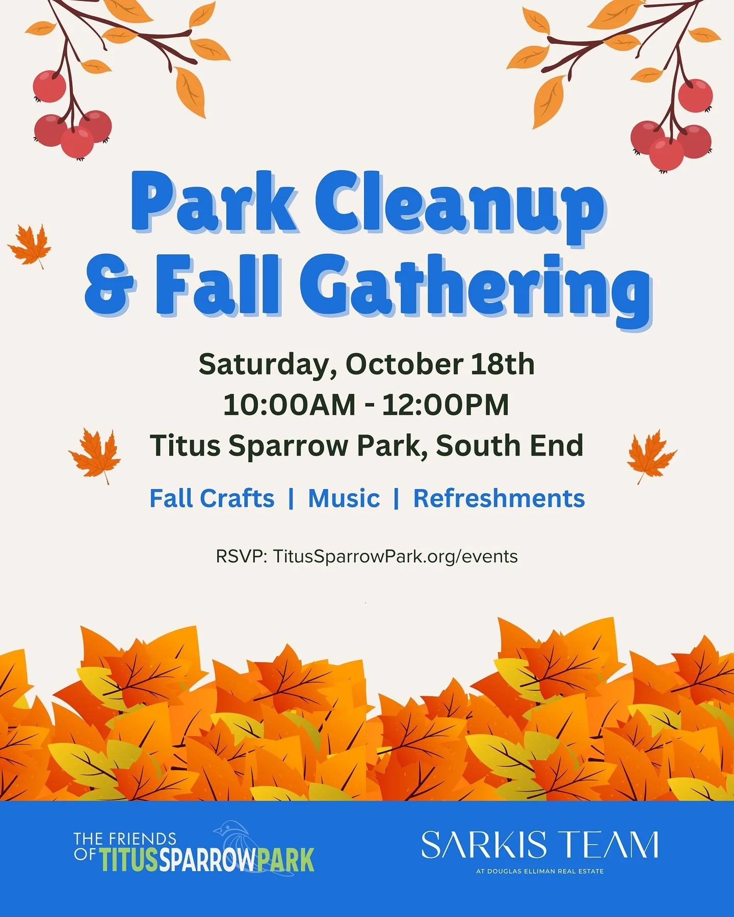 Join The Friends of Titus Sparrow Park and @thesarkisteam for a Park Cleanup &amp; Fall Gathering at Titus Sparrow Park! 🍂🍁

🗓 Saturday, October 18th
⏰ 10:00 AM &ndash; 12:00 PM
📍 Titus Sparrow Park, South End

Help keep our park beautiful while 