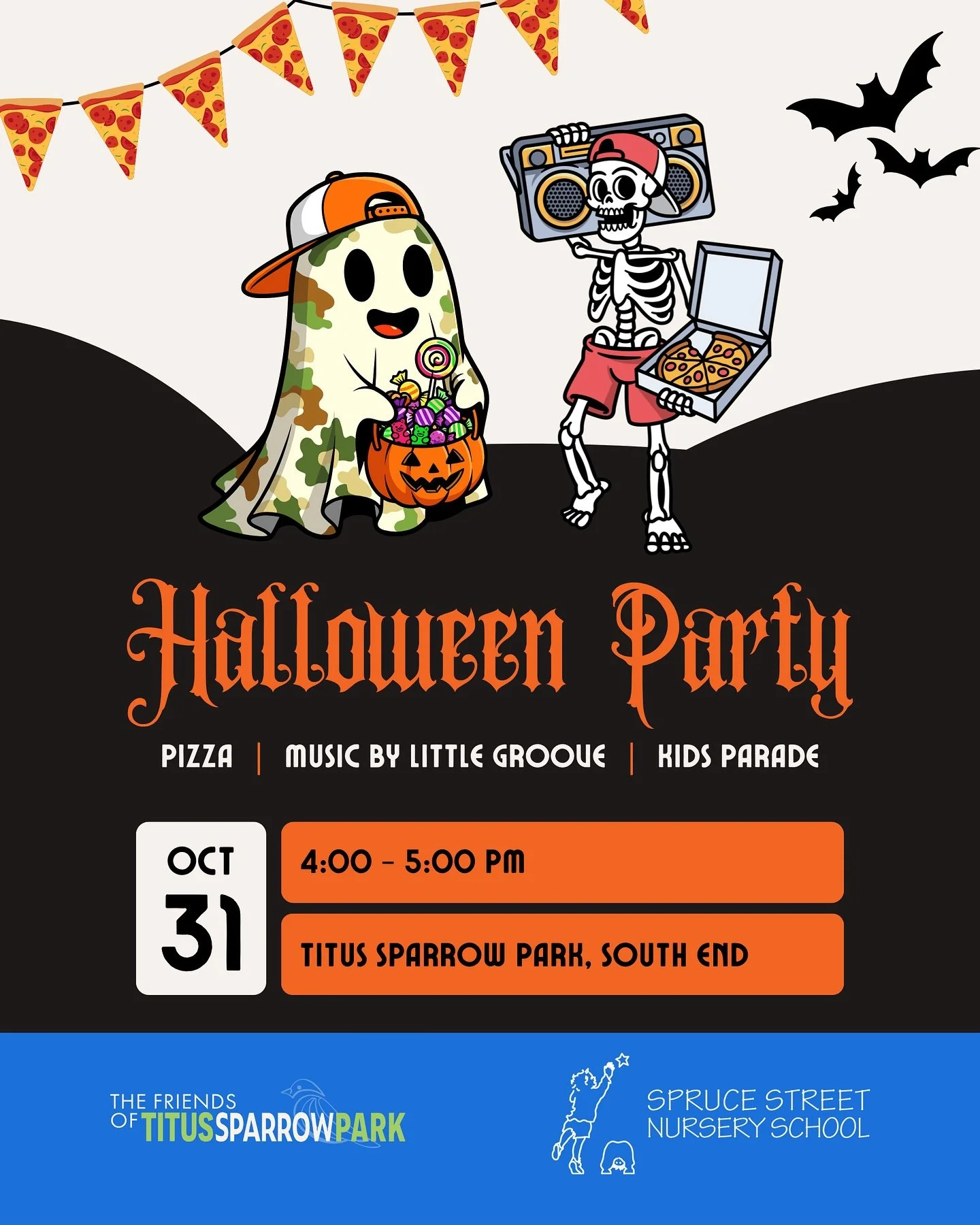 Join The Friends of Titus Sparrow Park and @sprucestreetnurseryschool for the ultimate trick-or-treat kickoff! 

🍕🎶🥁Enjoy pizza, music by @littlegroovemusic, and a festive kids parade down W. Rutland Square &mdash; closed to traffic so families an