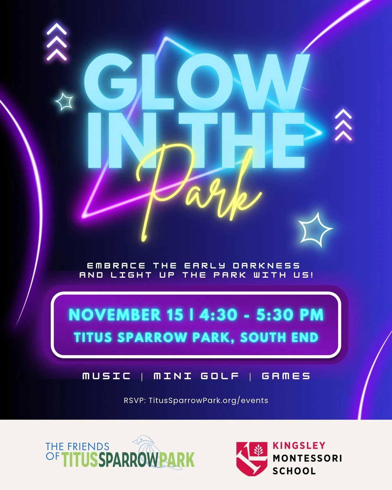Embrace the darkness and light up the park with us! Join our first annual Glow in the Park &mdash; a celebration of community fun and the magic of early fall and winter evenings. Wear white or glow-in-the-dark gear so you shine under the lights! 
 📅