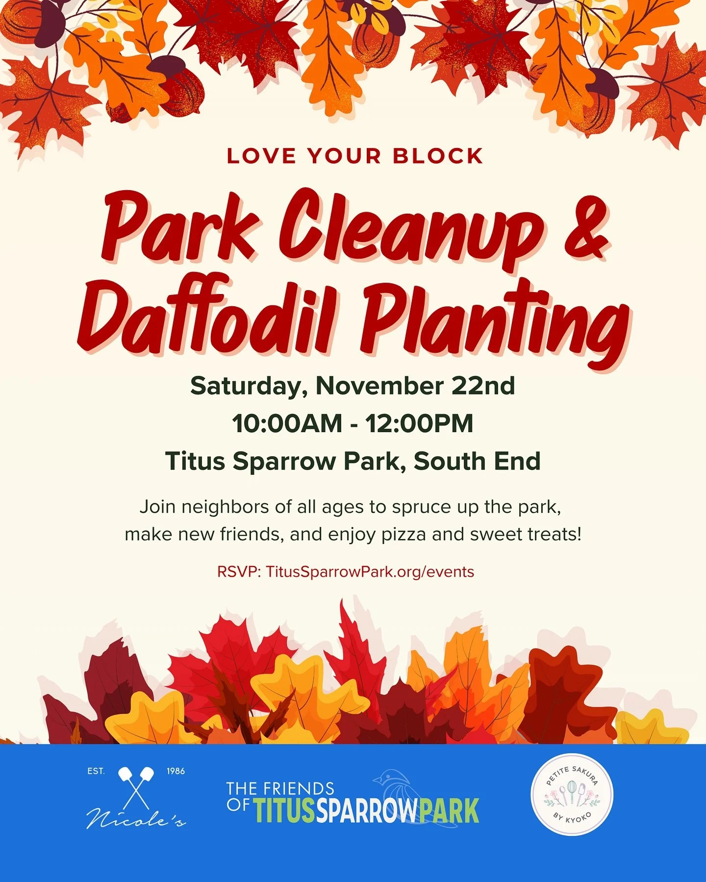 South End neighbors, join us for a park cleanup and daffodil bulb planting in partnership with the @bostoncivicorg as part of the citywide &ldquo;Love Your Block&rdquo; initiative. 

Neighbors of all ages are invited to spruce up the park, make new f