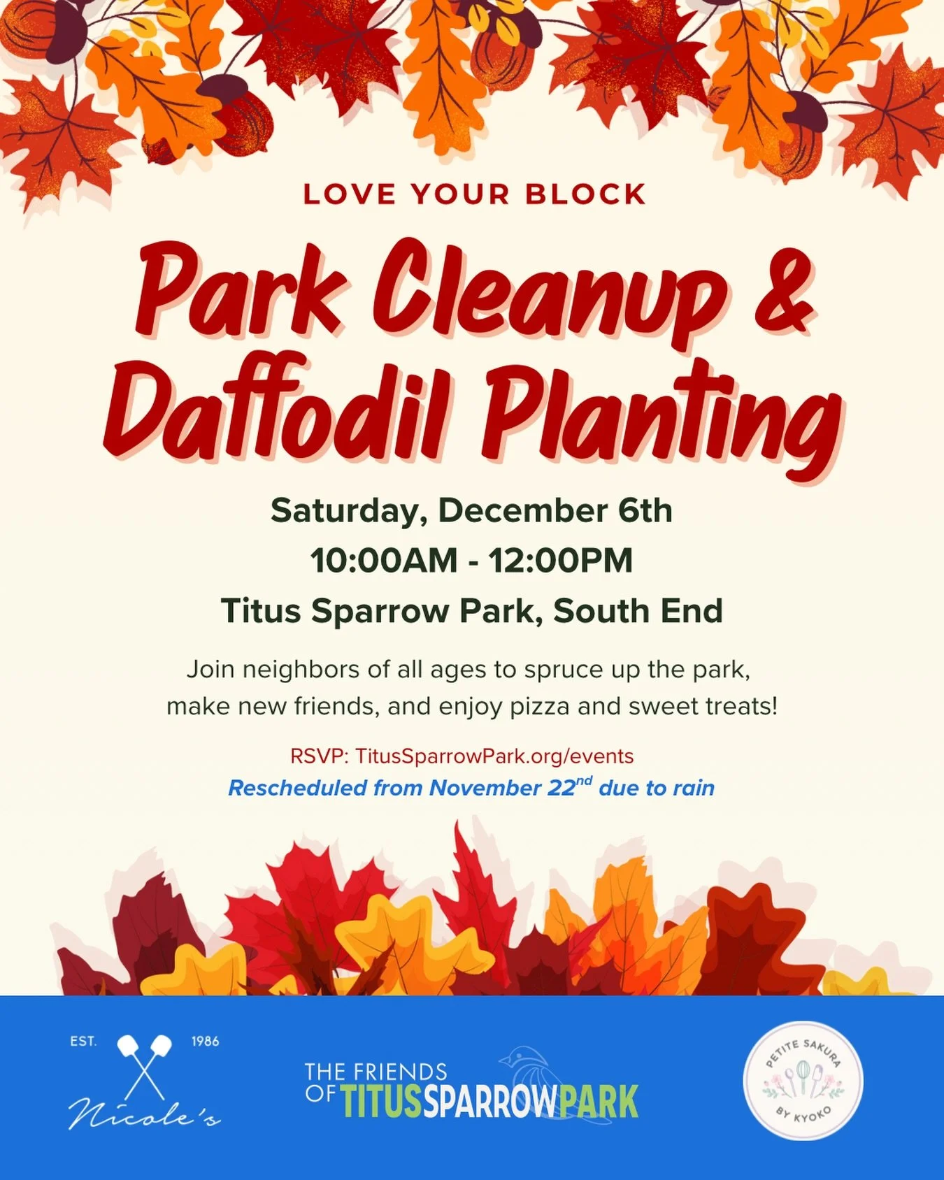 Join us tomorrow for our final cleanup of the year. With the colder weather we&rsquo;ll be focusing on planting daffodils and hanging holiday wreaths. 

🍂 Fall Clean-Up &amp; Daffodil Bulb Planting
🗓 Saturday, November 22, 2025
⏰ 10:00 AM &ndash; 1