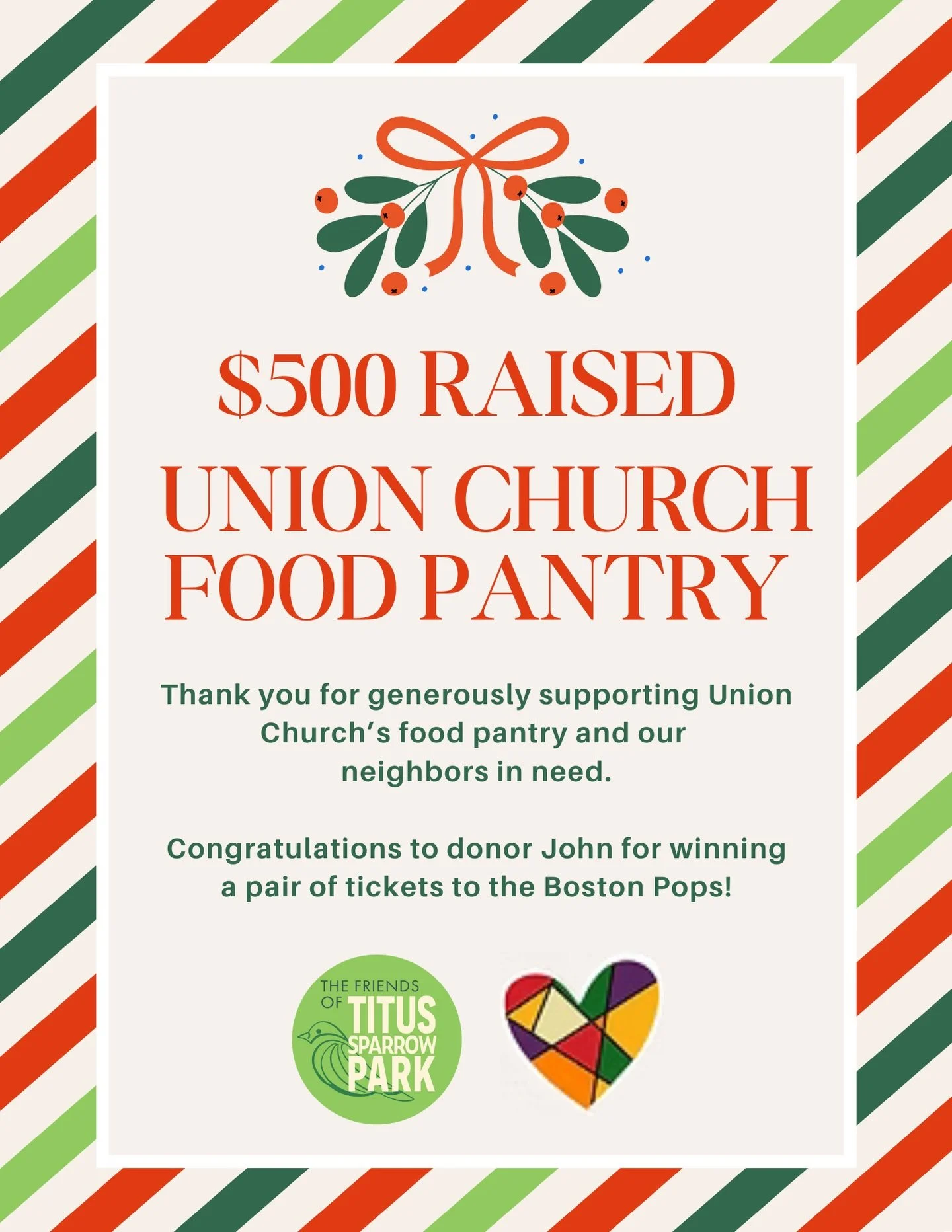 Thank you to everyone who generously donated to Union Church&rsquo;s food pantry! Together we hit our goal of $500.

Congratulations to John for winning the raffle! 🎟️
